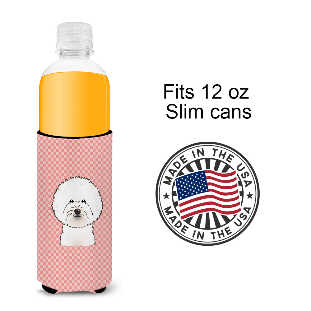 Checkerboard Pink Bichon Frise Ultra Beverage Insulators for slim cans BB1217MUK.