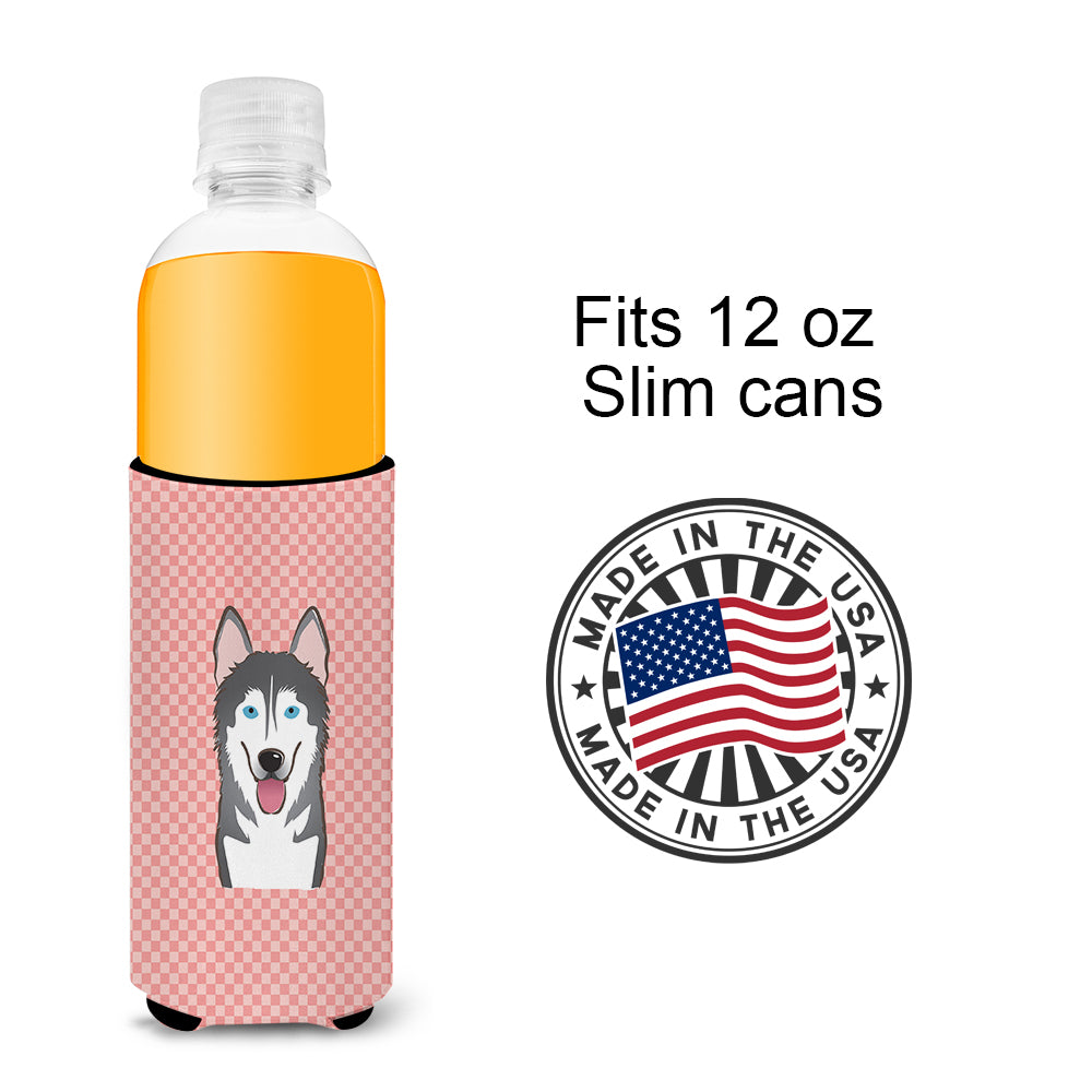 Checkerboard Pink Alaskan Malamute Ultra Beverage Insulators for slim cans.