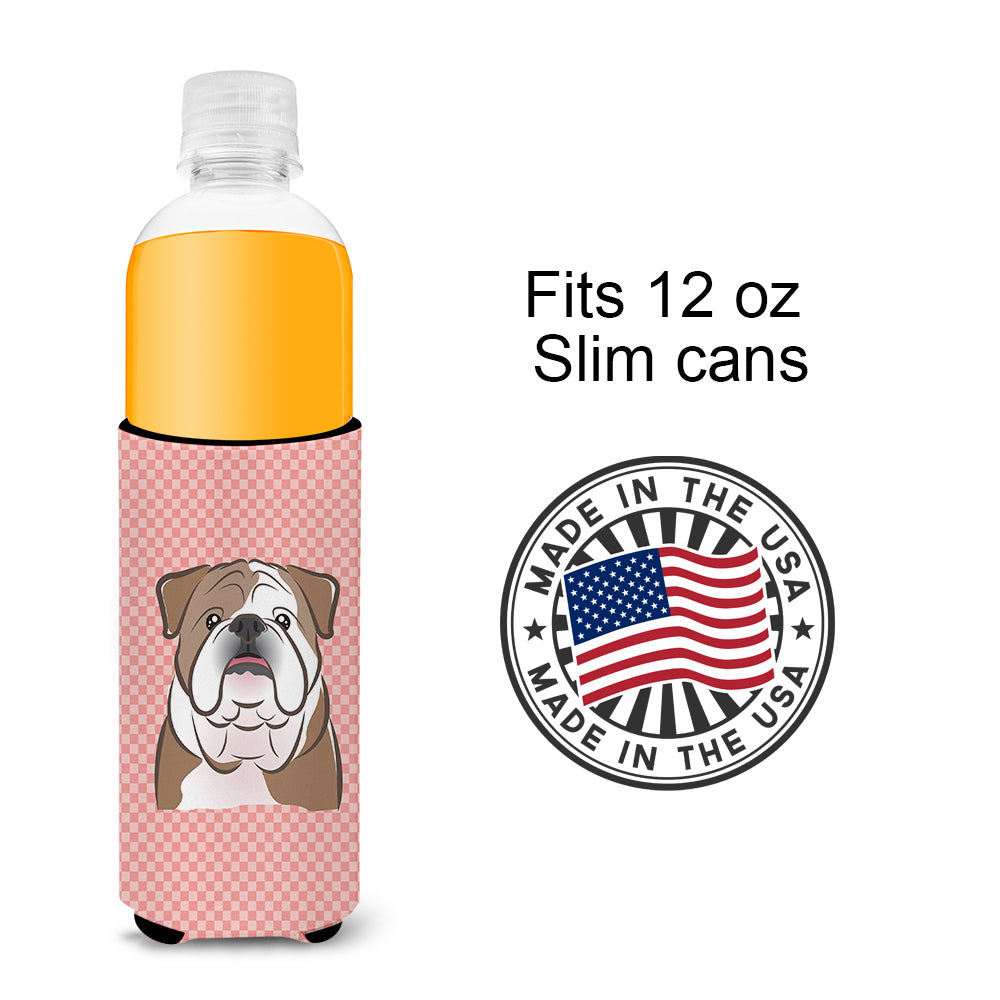 Checkerboard Pink English Bulldog  Ultra Beverage Insulators for slim cans.