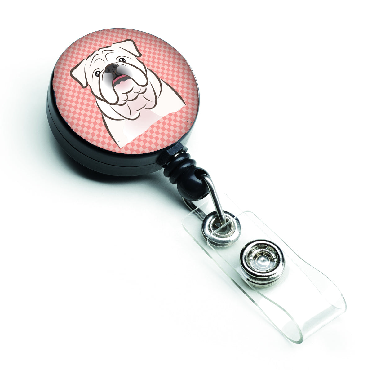 Checkerboard Pink White English Bulldog  Retractable Badge Reel BB1220BR.