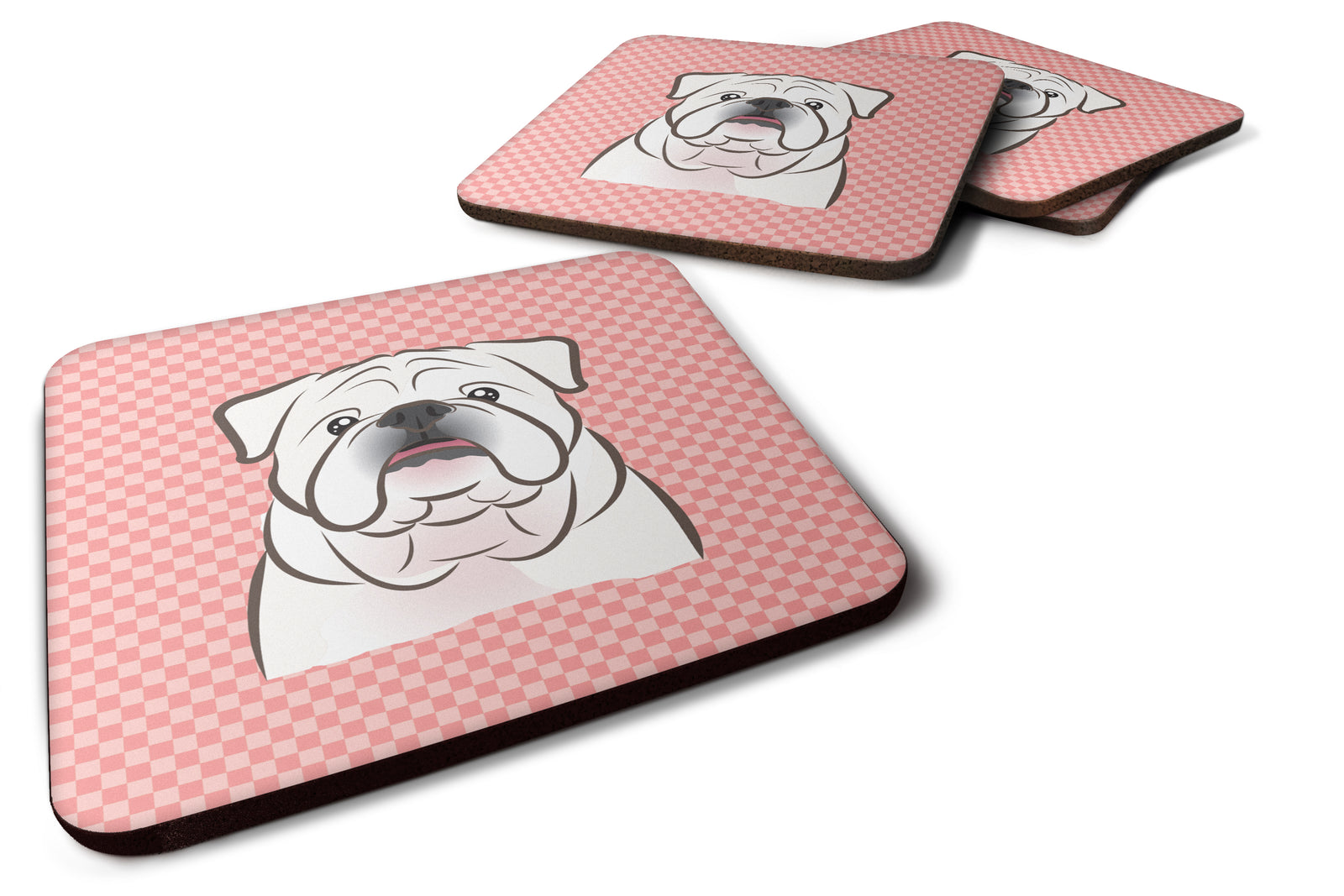 Set of 4 Checkerboard Pink White English Bulldog  Foam Coasters BB1220FC - the-store.com