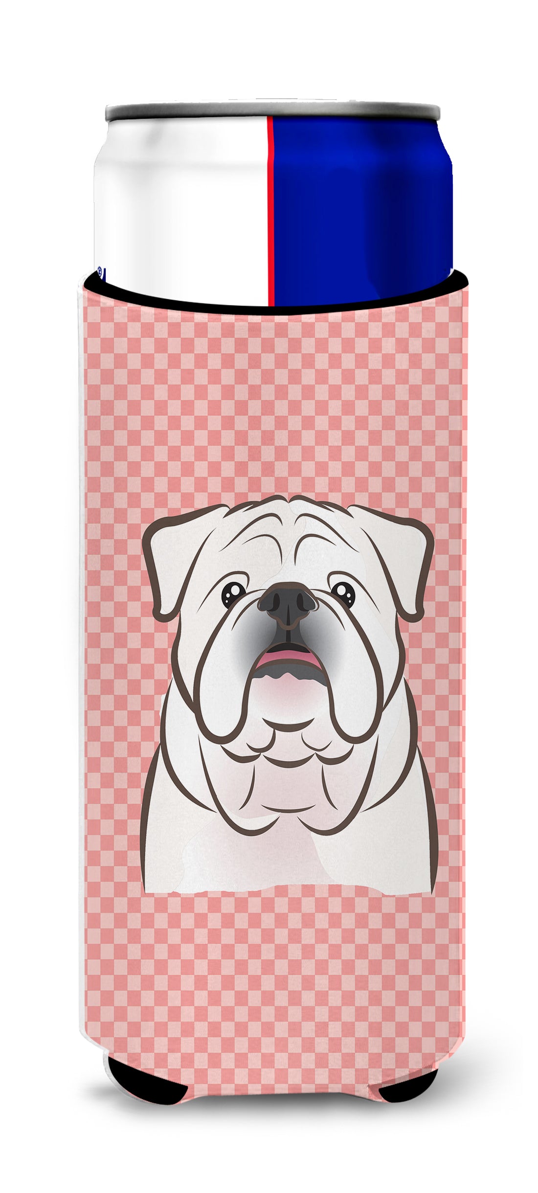 Checkerboard Pink White English Bulldog  Ultra Beverage Insulators for slim cans