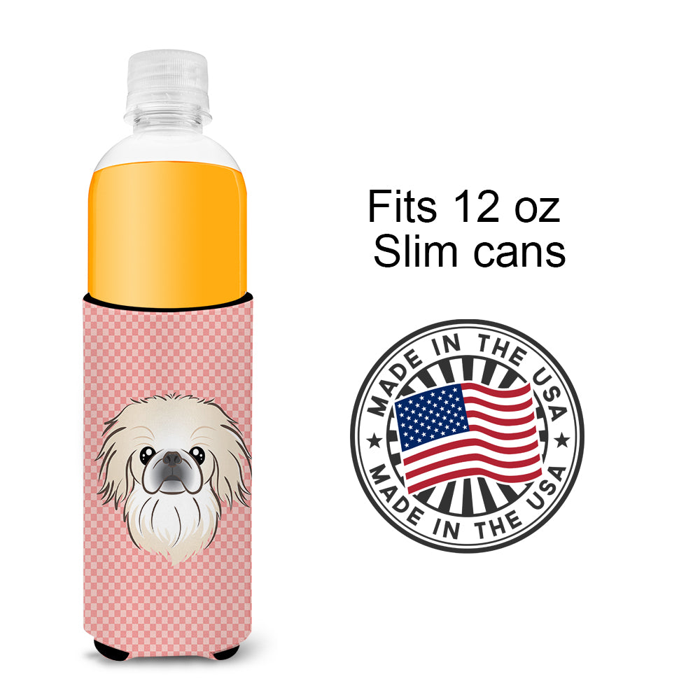 Checkerboard Pink Pekingese Ultra Beverage Insulators for slim cans BB1221MUK.
