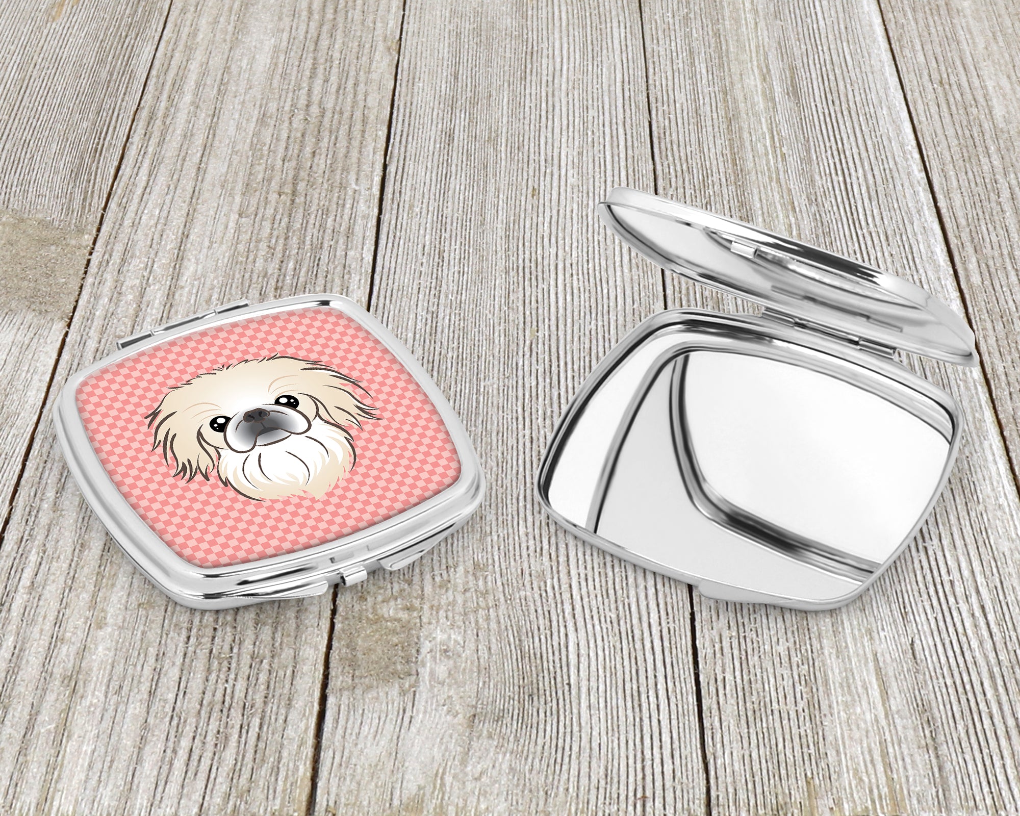 Checkerboard Pink Pekingese Compact Mirror BB1221SCM  the-store.com.