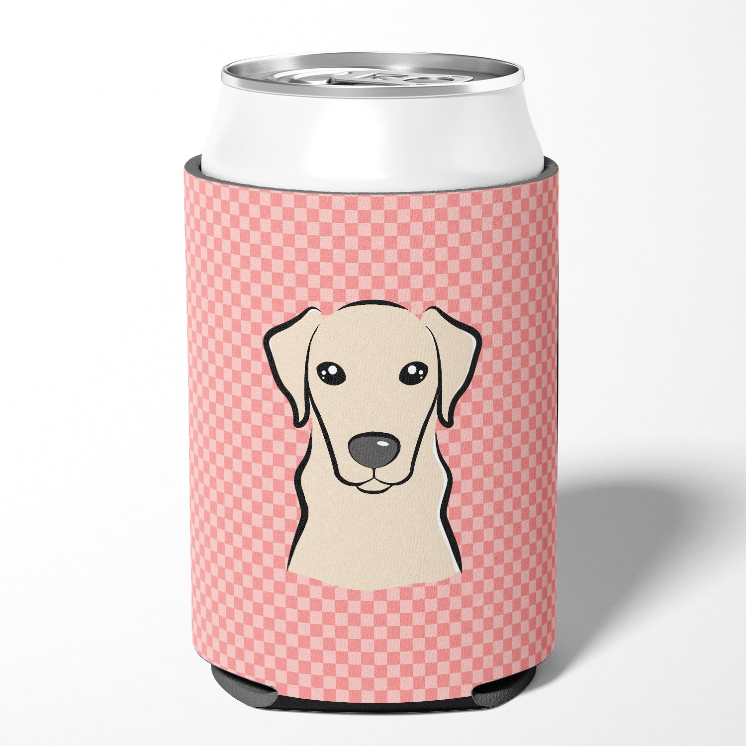 Checkerboard Pink Yellow Labrador Can or Bottle Hugger BB1222CC.