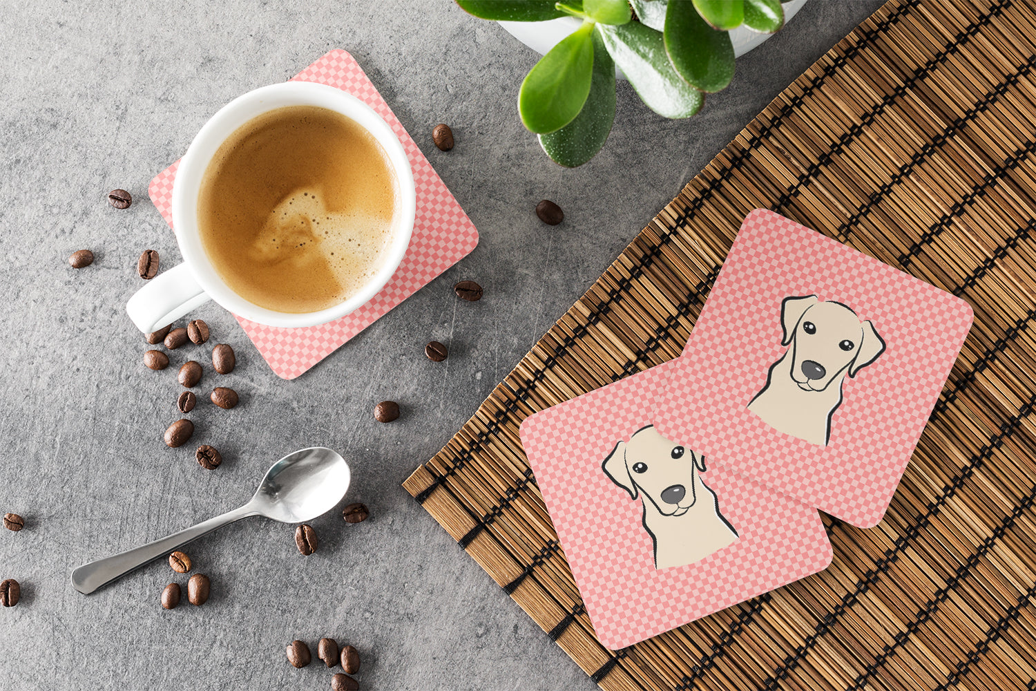 Set of 4 Checkerboard Pink Yellow Labrador Foam Coasters BB1222FC - the-store.com