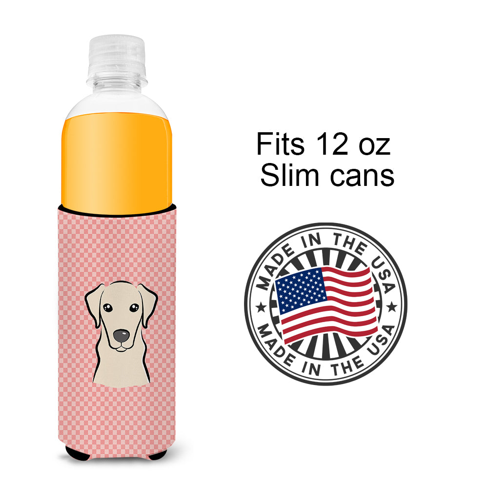 Checkerboard Pink Yellow Labrador Ultra Beverage Insulators for slim cans BB1222MUK.