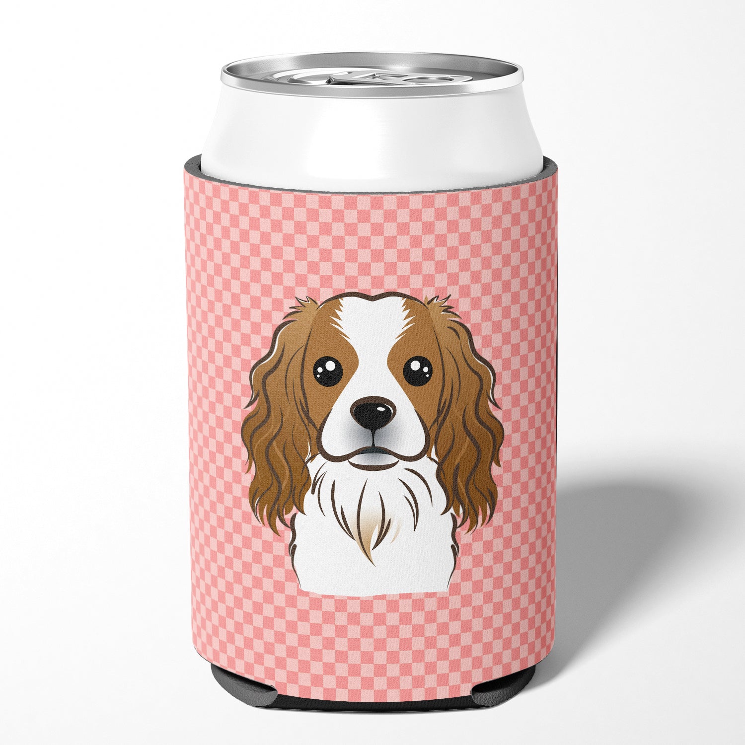 Checkerboard Pink Cavalier Spaniel Can or Bottle Hugger BB1224CC.