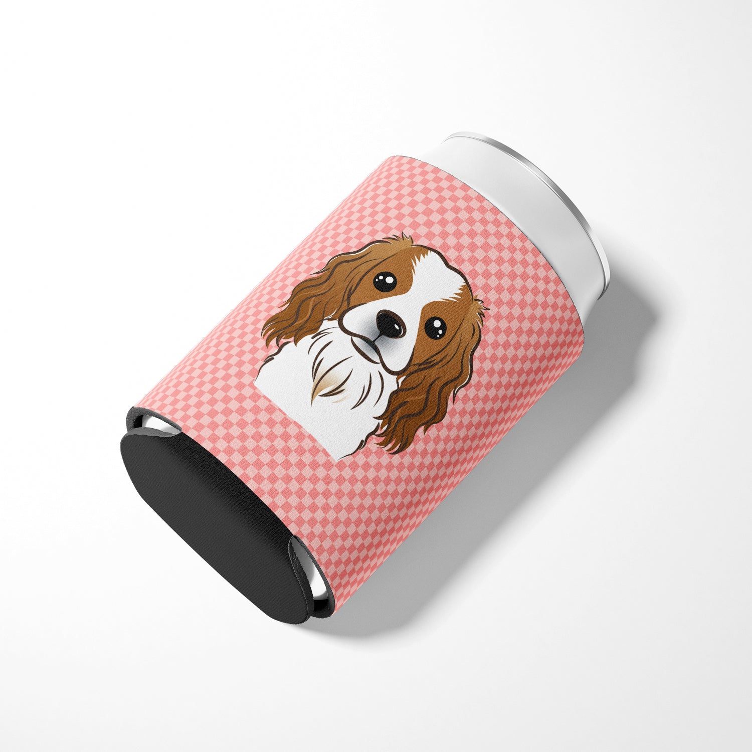 Checkerboard Pink Cavalier Spaniel Can or Bottle Hugger BB1224CC.