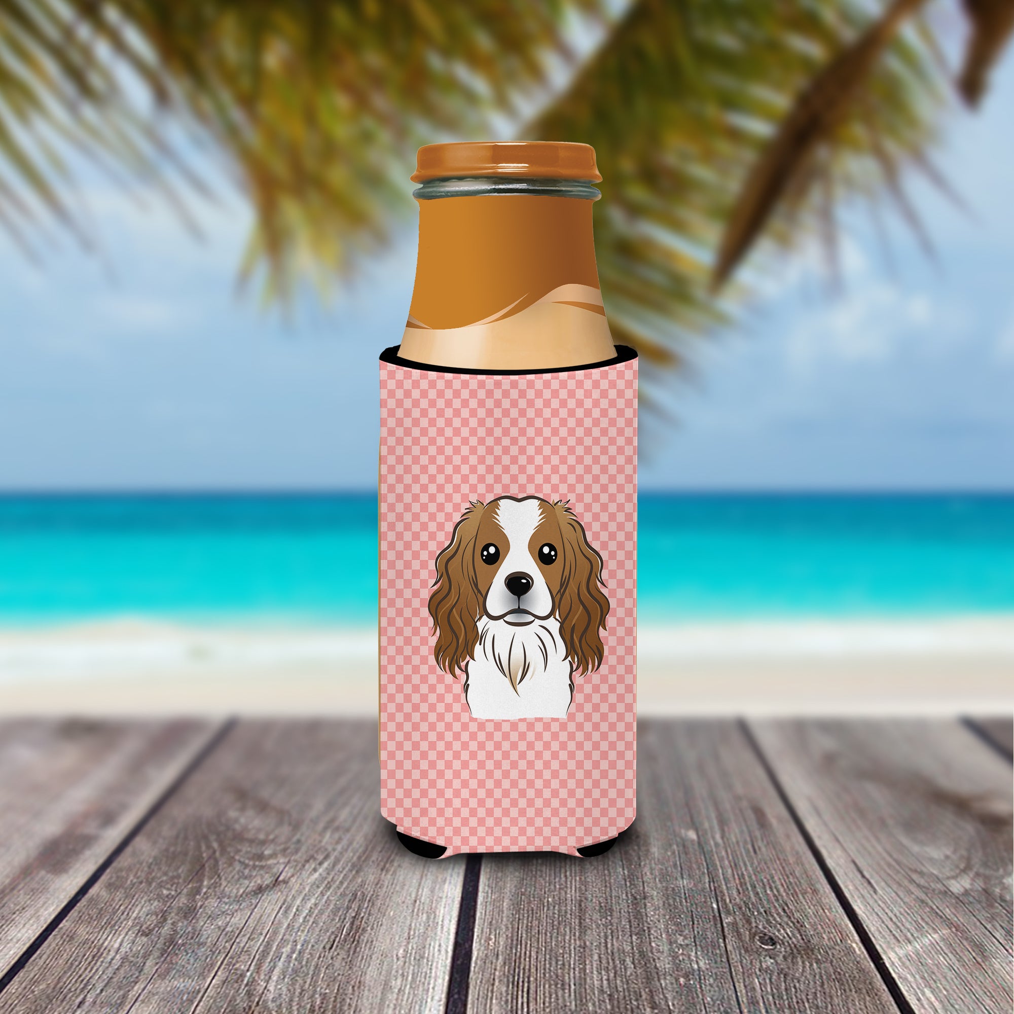 Checkerboard Pink Cavalier Spaniel Ultra Beverage Insulators for slim cans.