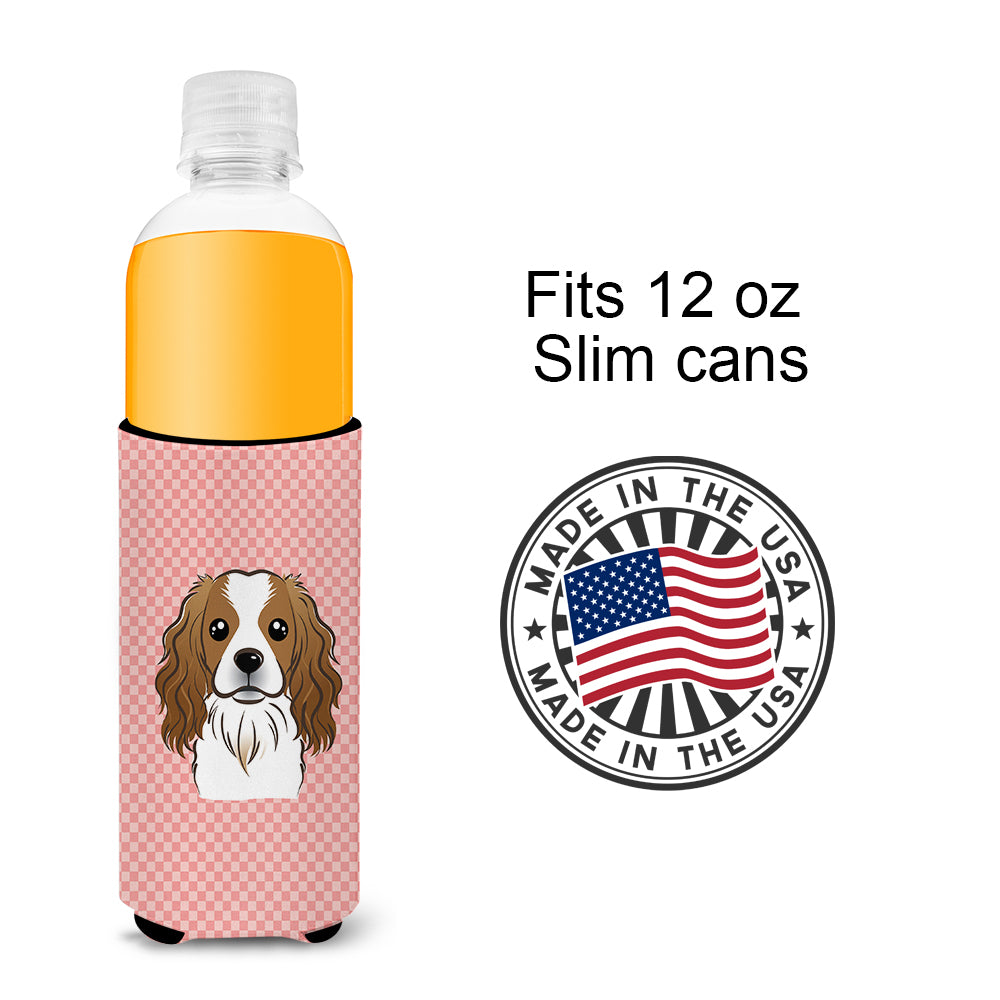 Checkerboard Pink Cavalier Spaniel Ultra Beverage Insulators for slim cans.