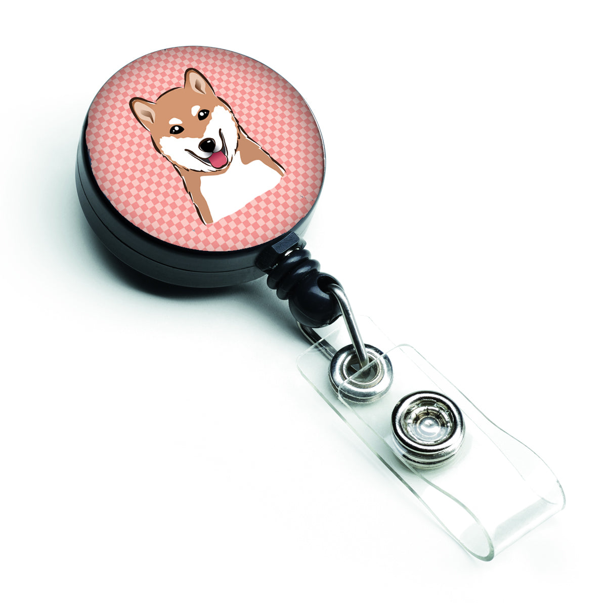 Checkerboard Pink Shiba Inu Retractable Badge Reel BB1225BR