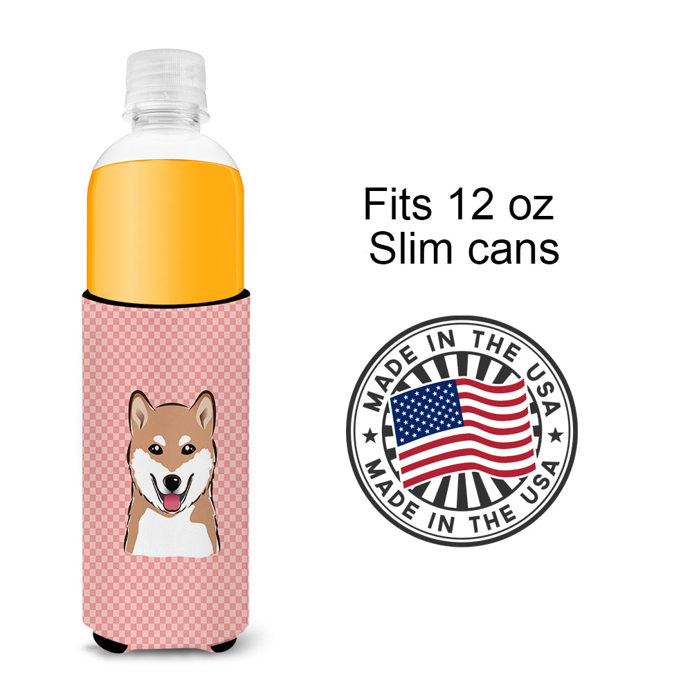 Checkerboard Pink Shiba Inu Ultra Beverage Insulators for slim cans BB1225MUK.