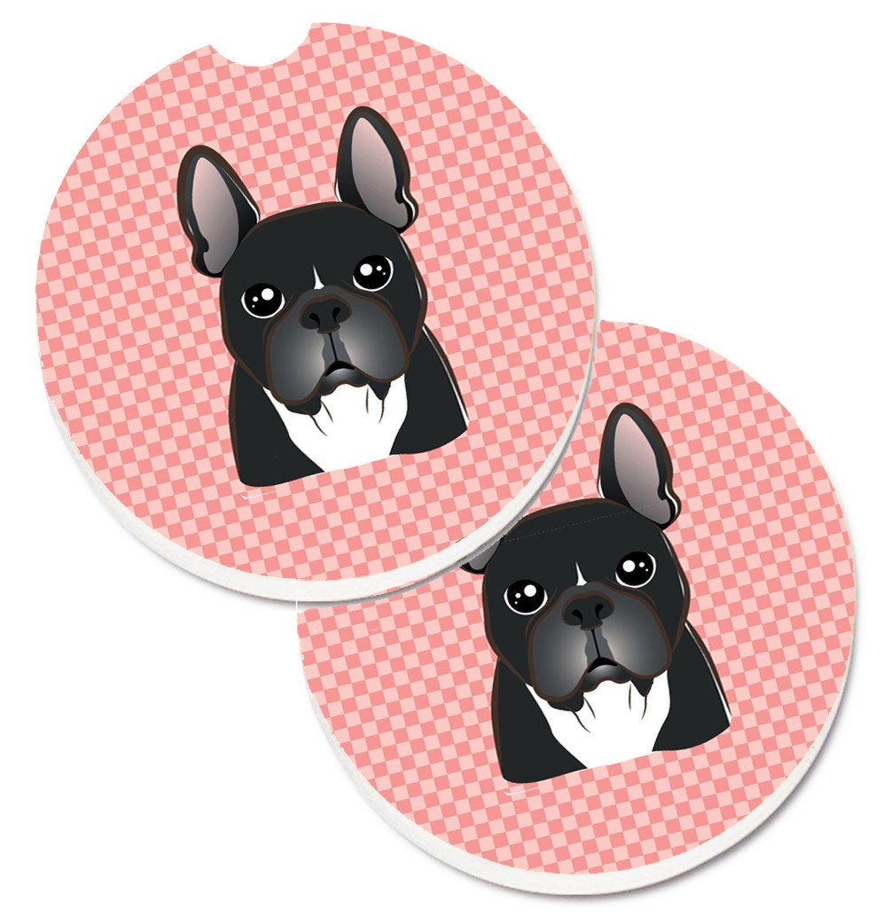 Checkerboard Pink French Bulldog Set of 2 Cup Holder Car Coasters BB1227CARC by Caroline&#39;s Treasures
