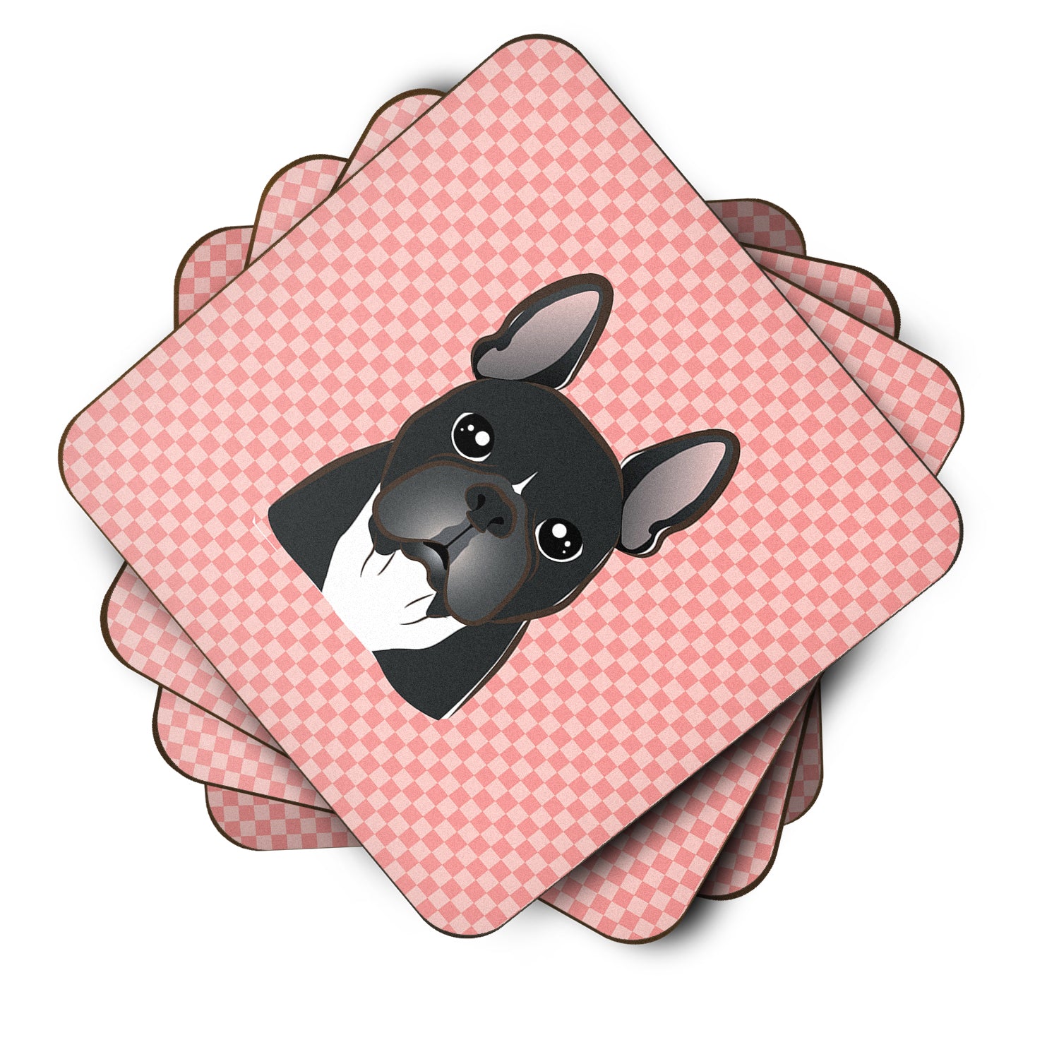 Set of 4 Checkerboard Pink French Bulldog Foam Coasters BB1227FC - the-store.com