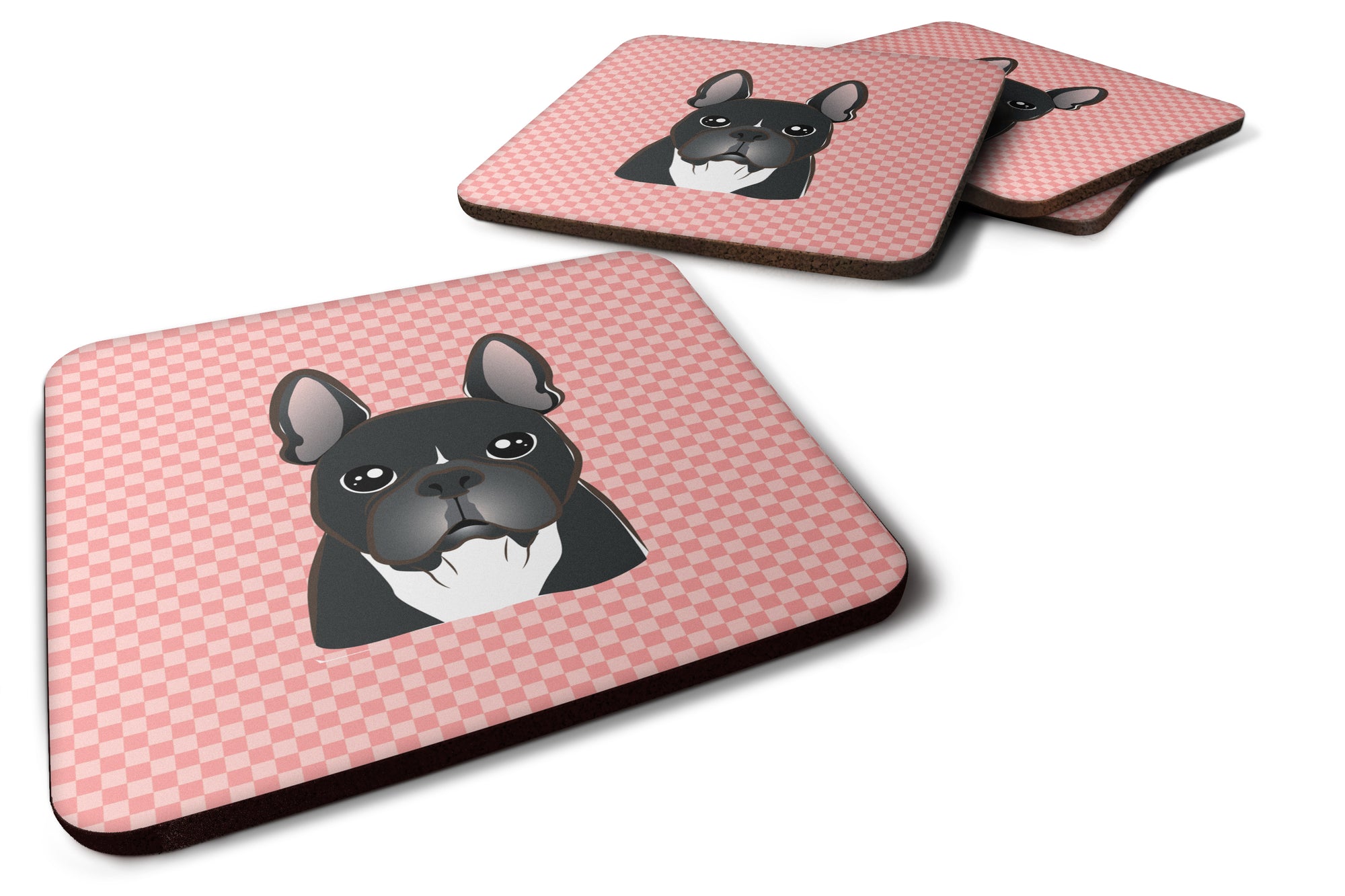 Set of 4 Checkerboard Pink French Bulldog Foam Coasters BB1227FC - the-store.com