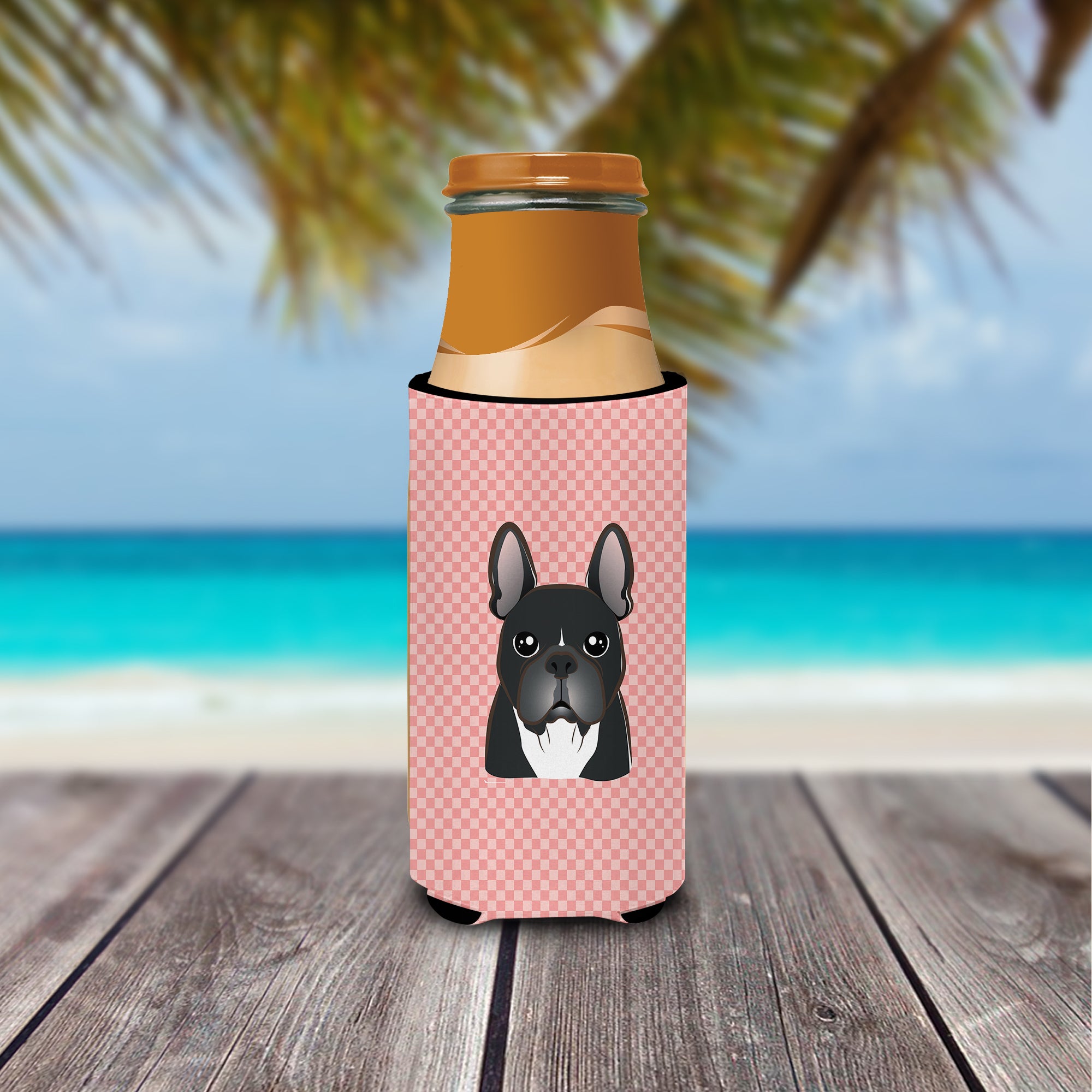 Checkerboard Pink French Bulldog Ultra Beverage Insulators for slim cans BB1227MUK.
