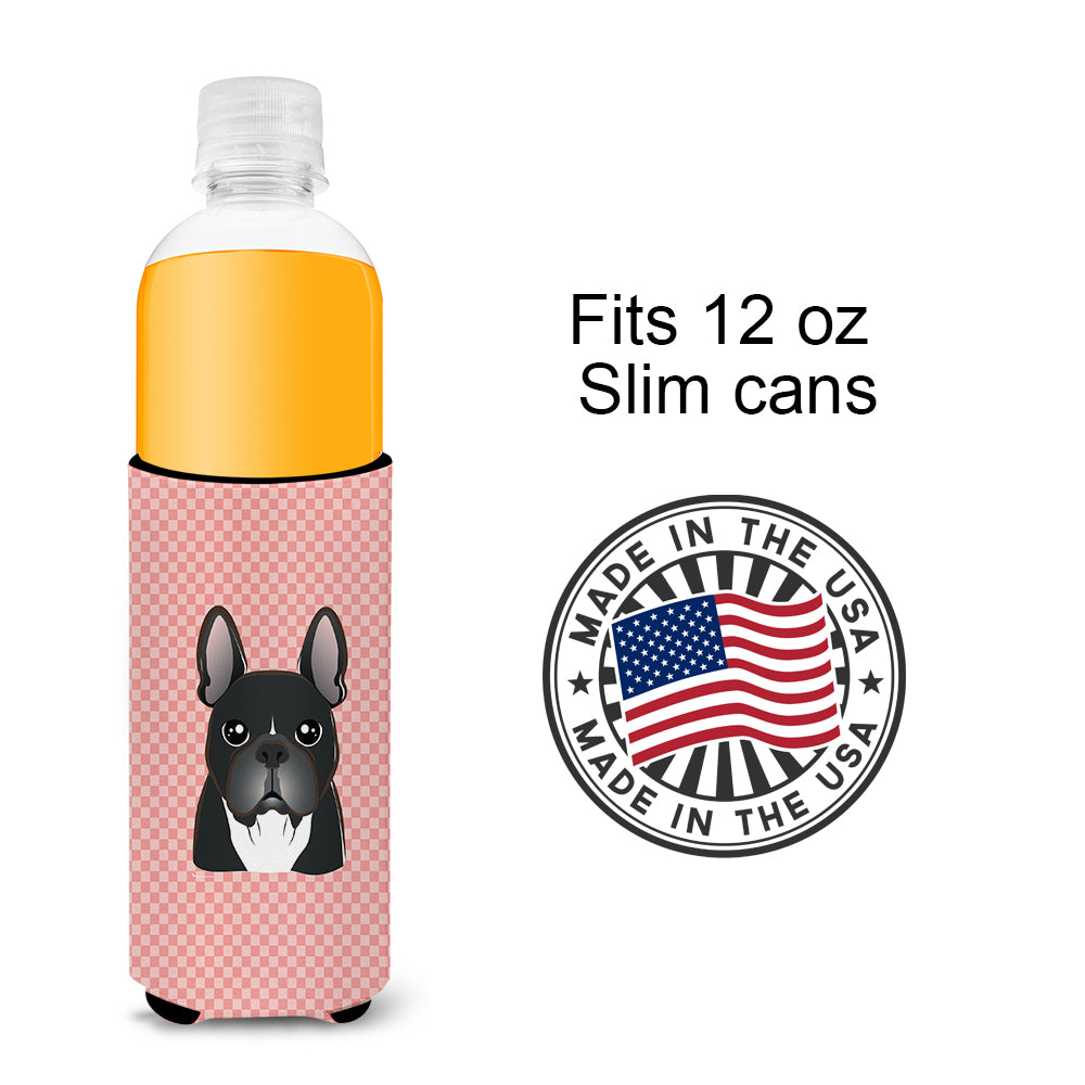 Checkerboard Pink French Bulldog Ultra Beverage Insulators for slim cans BB1227MUK.