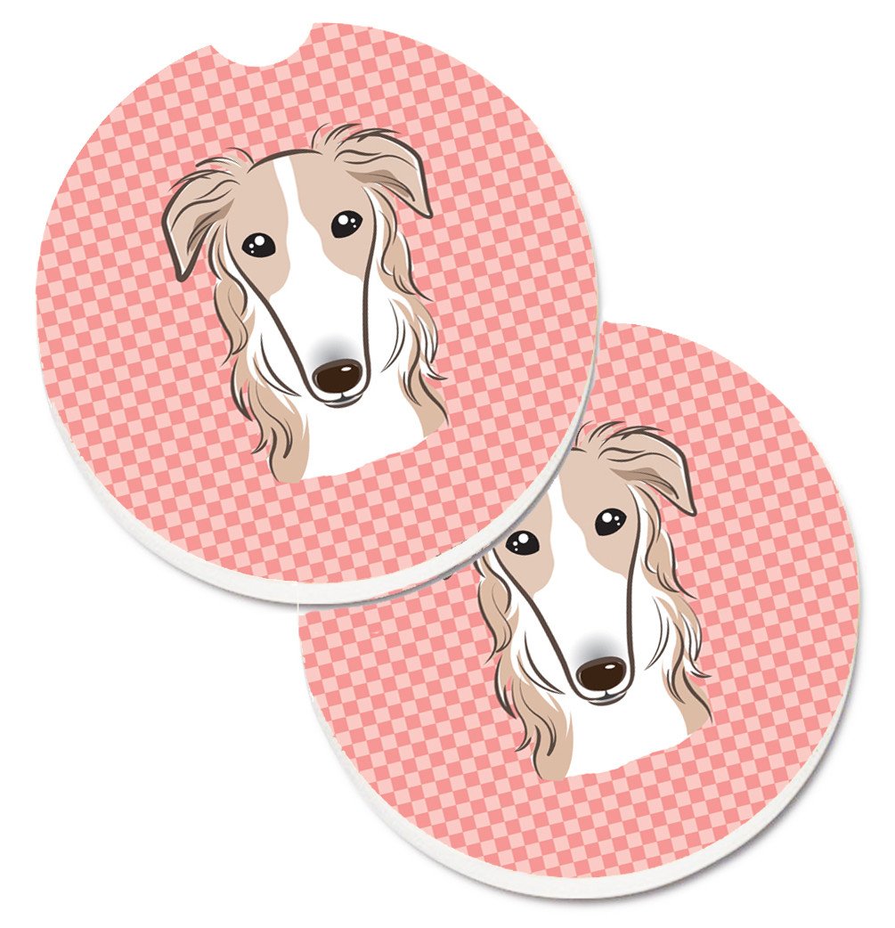 Checkerboard Pink Borzoi Set of 2 Cup Holder Car Coasters BB1228CARC by Caroline&#39;s Treasures