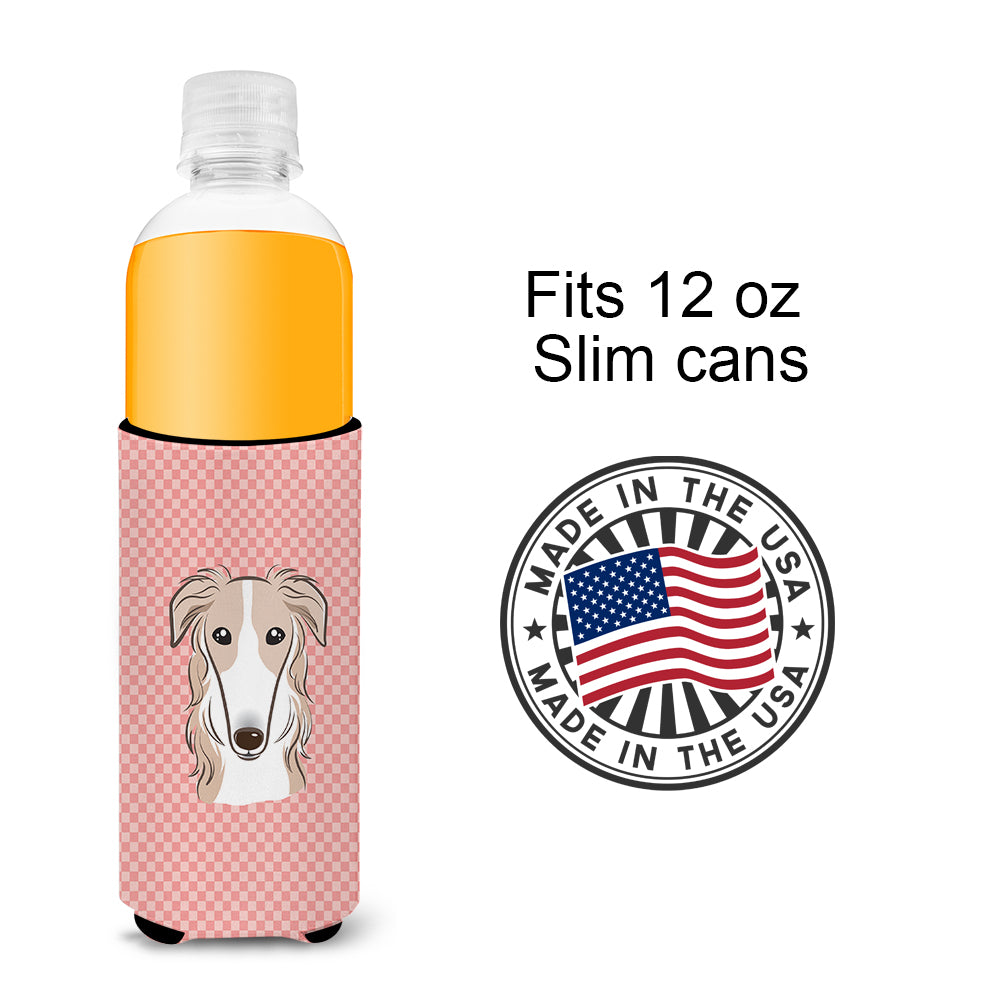 Checkerboard Pink Borzoi Ultra Beverage Insulators for slim cans BB1228MUK.