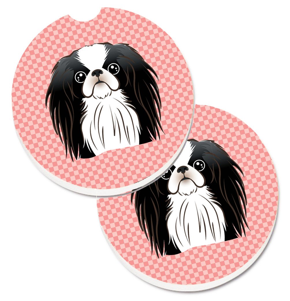 Checkerboard Pink Japanese Chin Set of 2 Cup Holder Car Coasters BB1230CARC by Caroline&#39;s Treasures