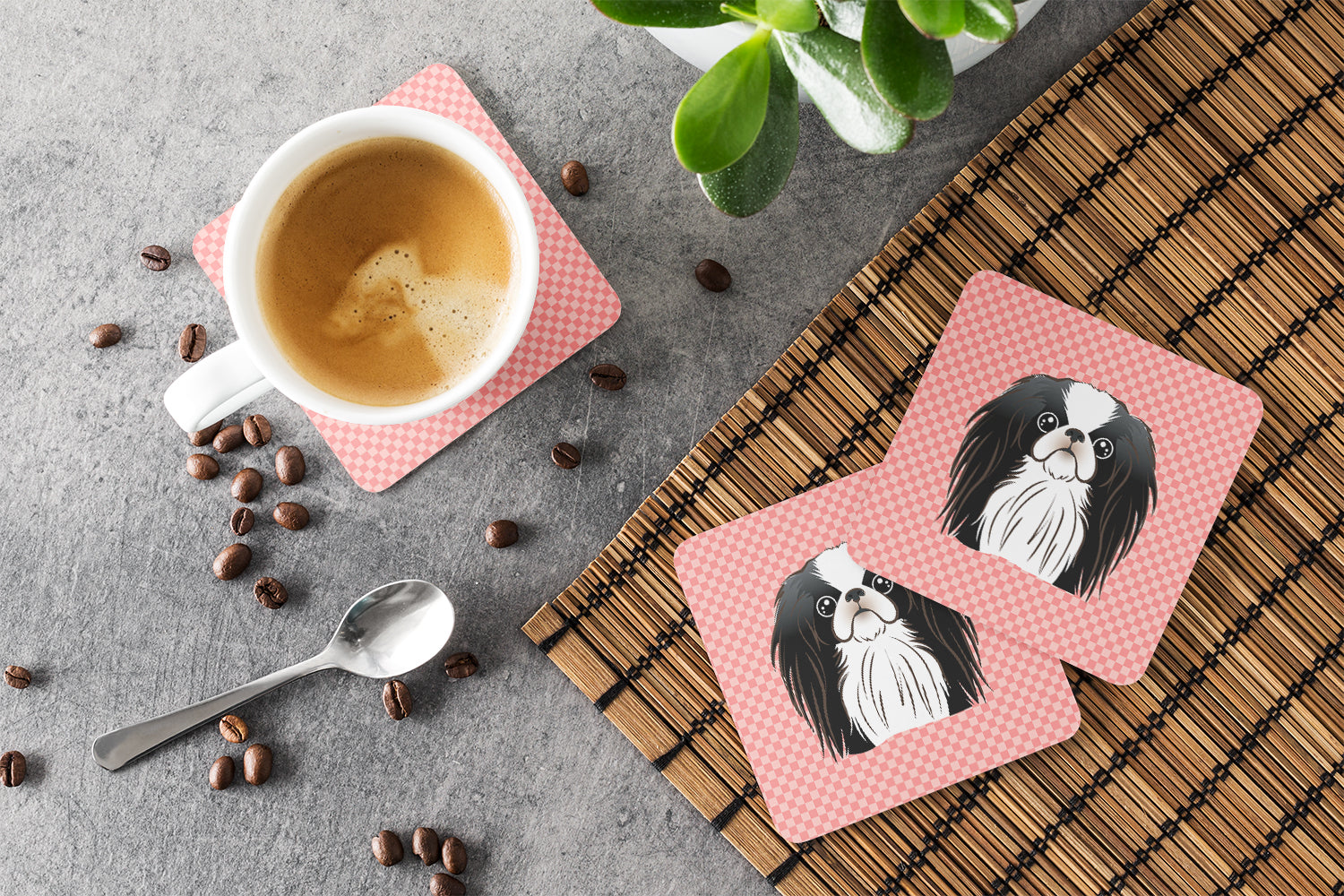 Set of 4 Checkerboard Pink Japanese Chin Foam Coasters BB1230FC - the-store.com