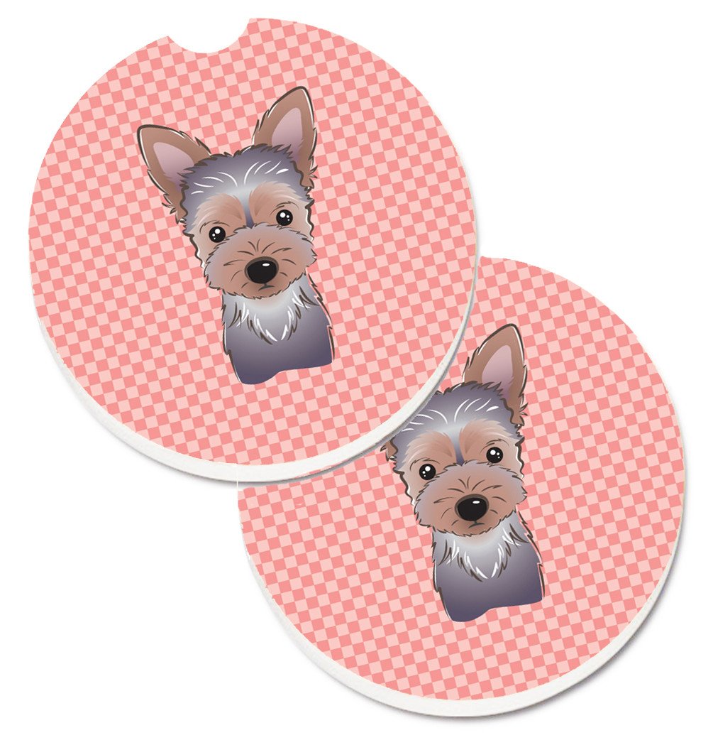 Checkerboard Pink Yorkie Puppy Set of 2 Cup Holder Car Coasters BB1232CARC by Caroline&#39;s Treasures
