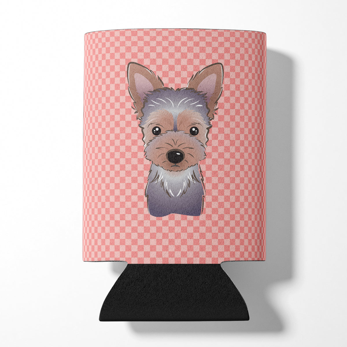 Checkerboard Pink Yorkie Puppy Can or Bottle Hugger BB1232CC.