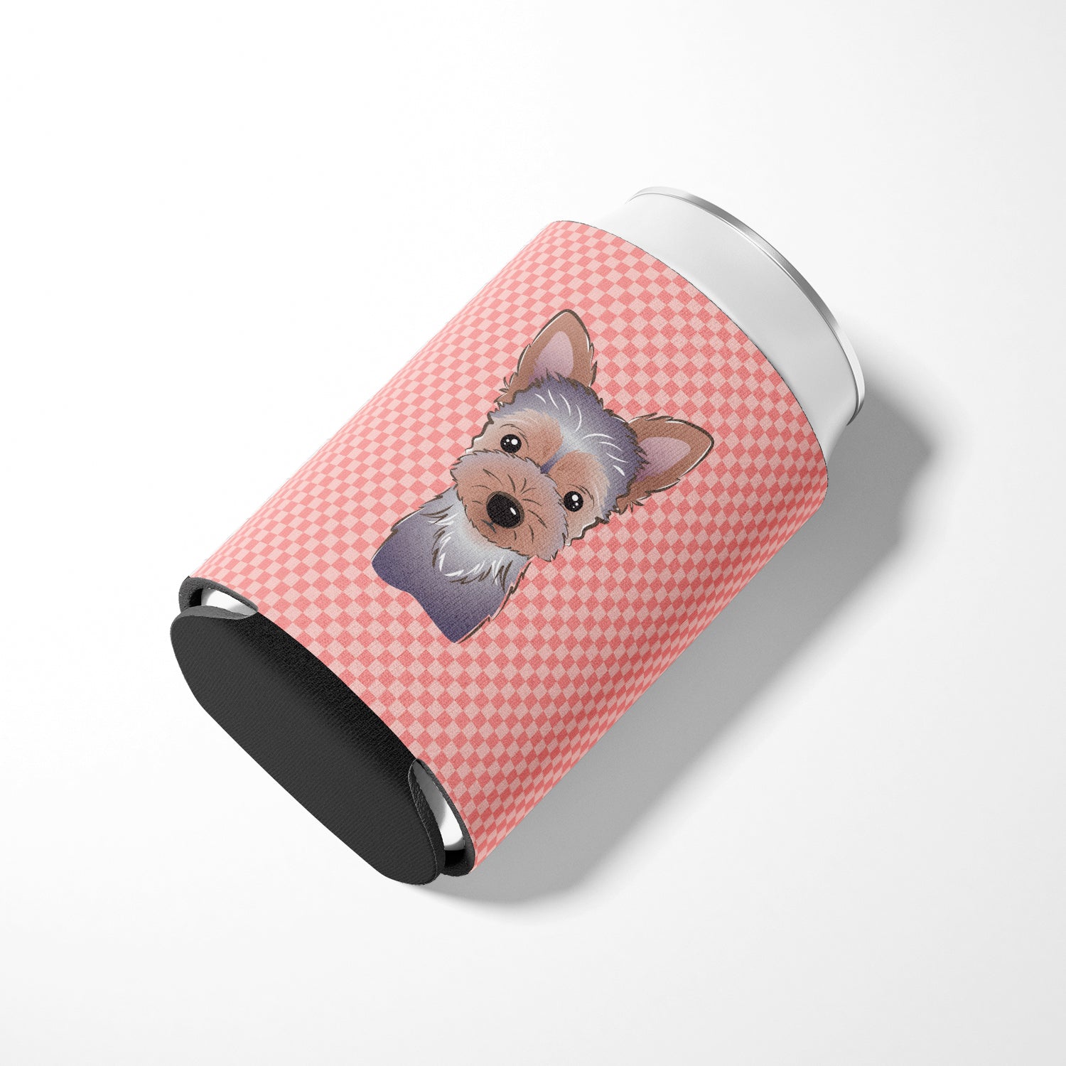 Checkerboard Pink Yorkie Puppy Can or Bottle Hugger BB1232CC