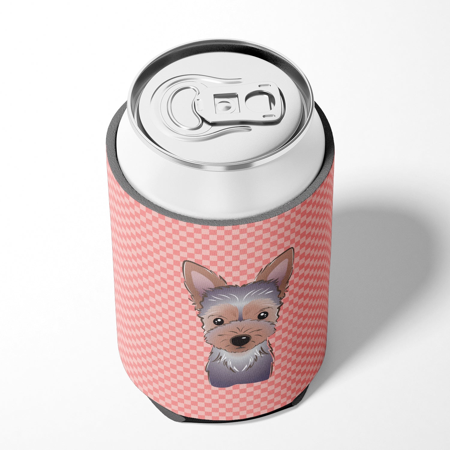 Checkerboard Pink Yorkie Puppy Can or Bottle Hugger BB1232CC.