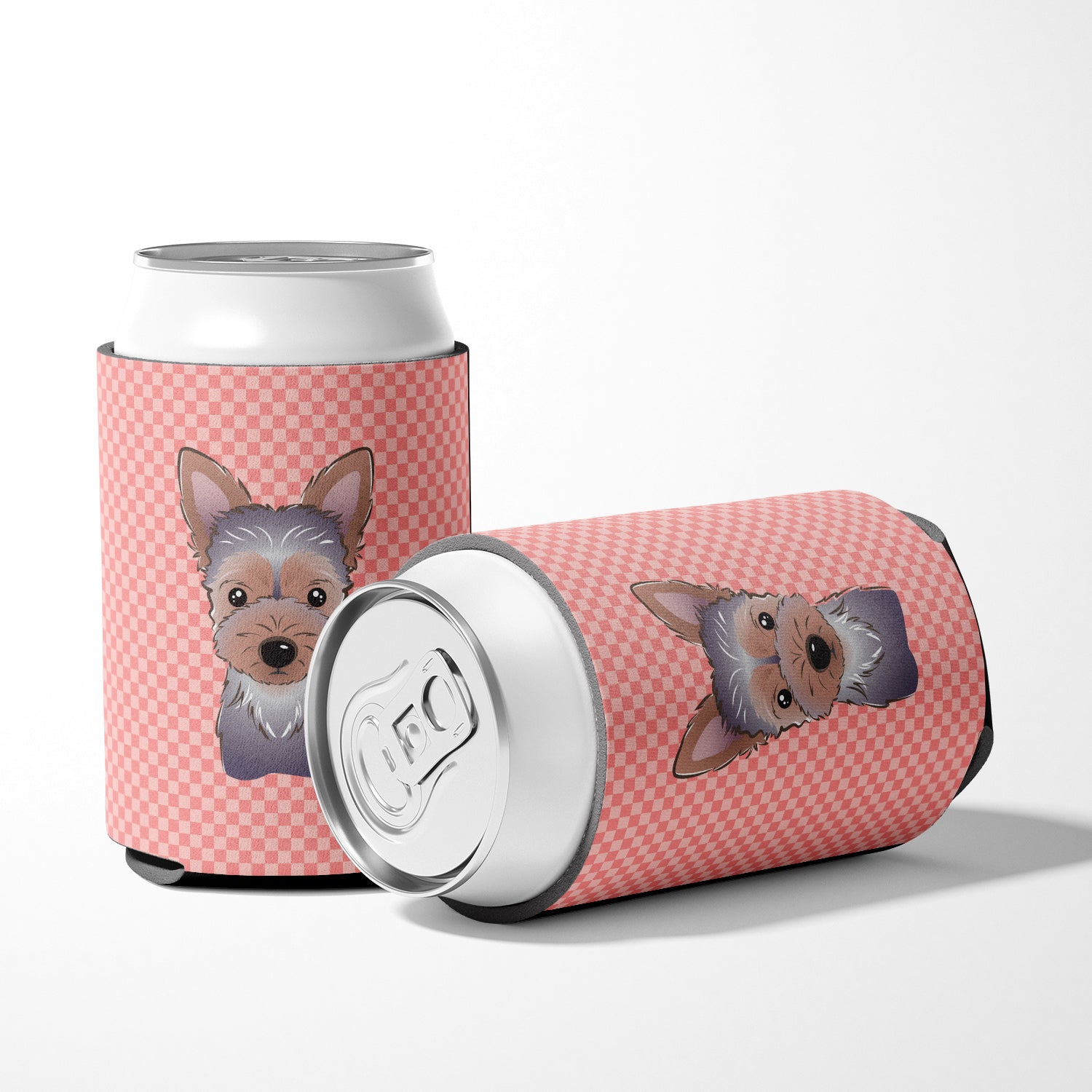Checkerboard Pink Yorkie Puppy Can or Bottle Hugger BB1232CC
