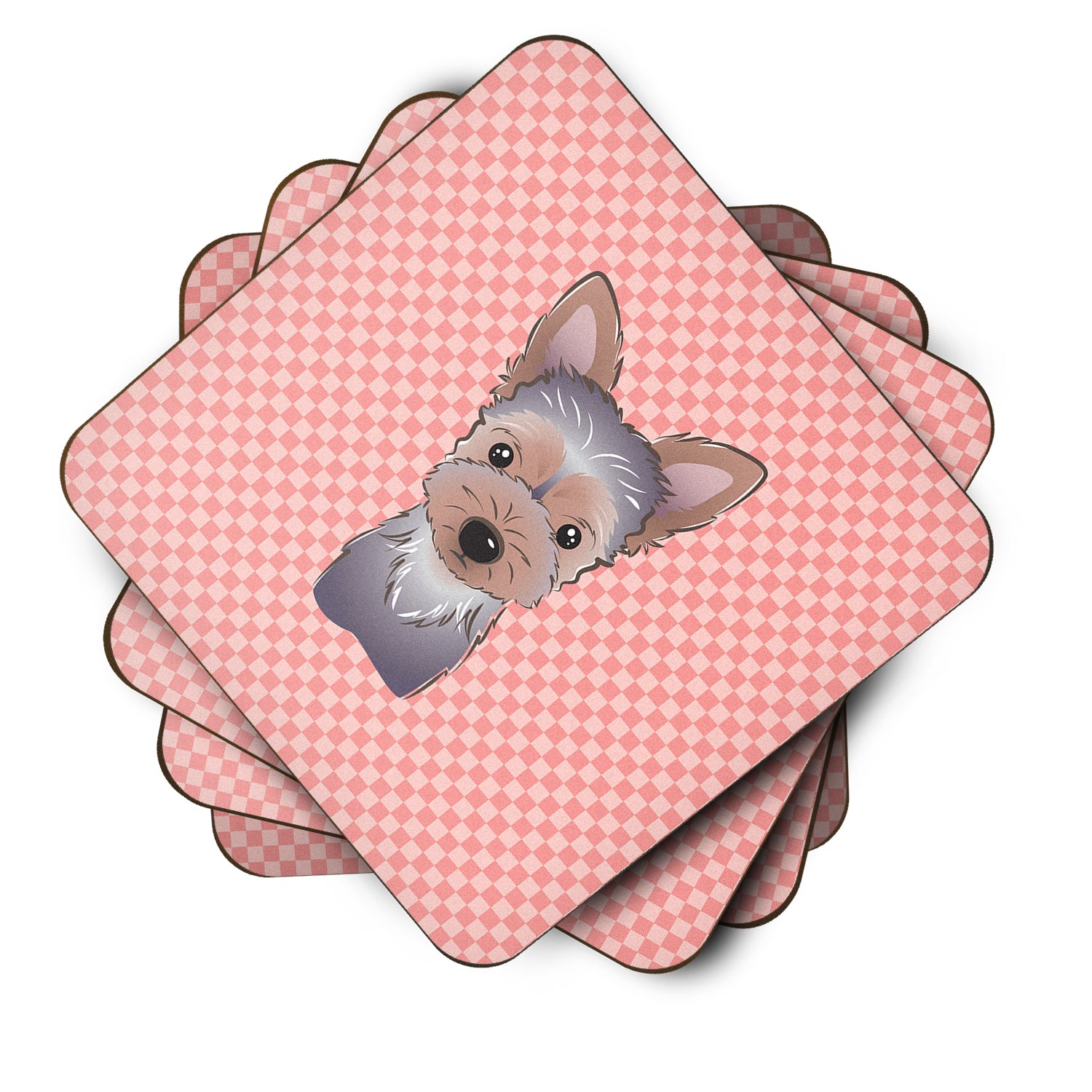 Set of 4 Checkerboard Pink Yorkie Puppy Foam Coasters BB1232FC - the-store.com