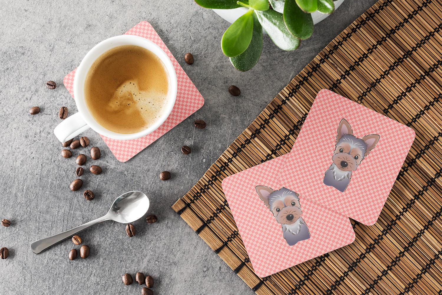Set of 4 Checkerboard Pink Yorkie Puppy Foam Coasters BB1232FC - the-store.com