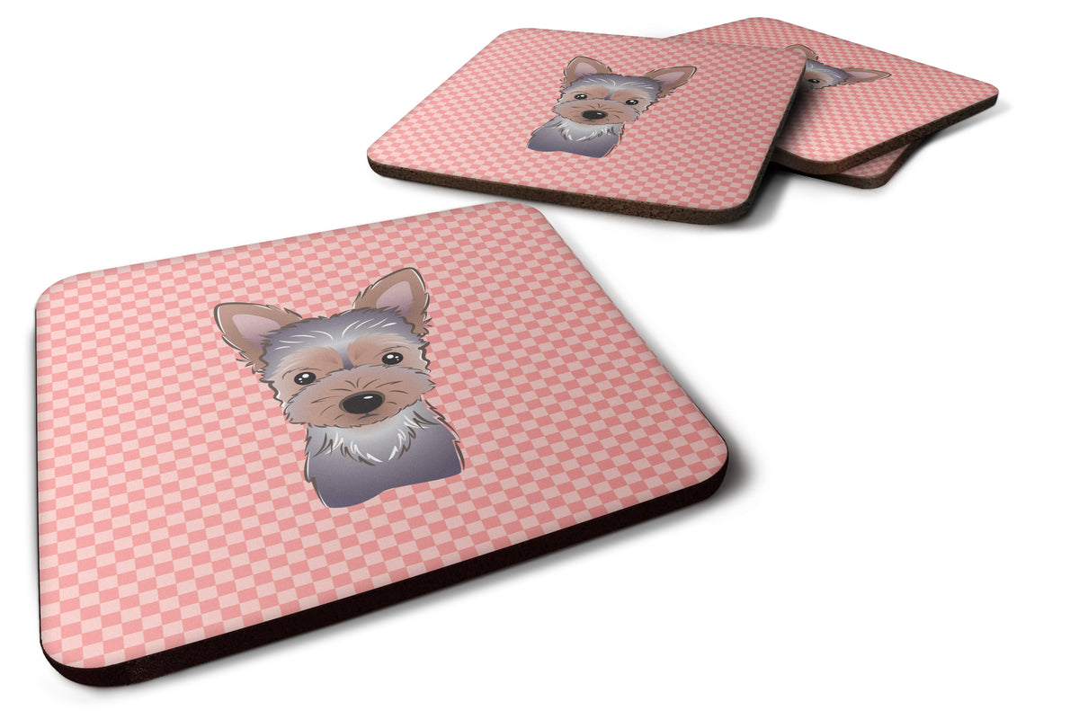 Caroline's Treasures Checkerboard Pink Yorkie Puppy Coasters - Set of 4 Lightweight Foam, Absorbent Drink Coasters BB1232FC