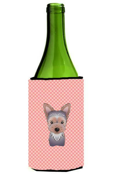 Checkerboard Pink Yorkie Puppy Wine Bottle Beverage Insulator Hugger BB1232LITERK by Caroline&#39;s Treasures