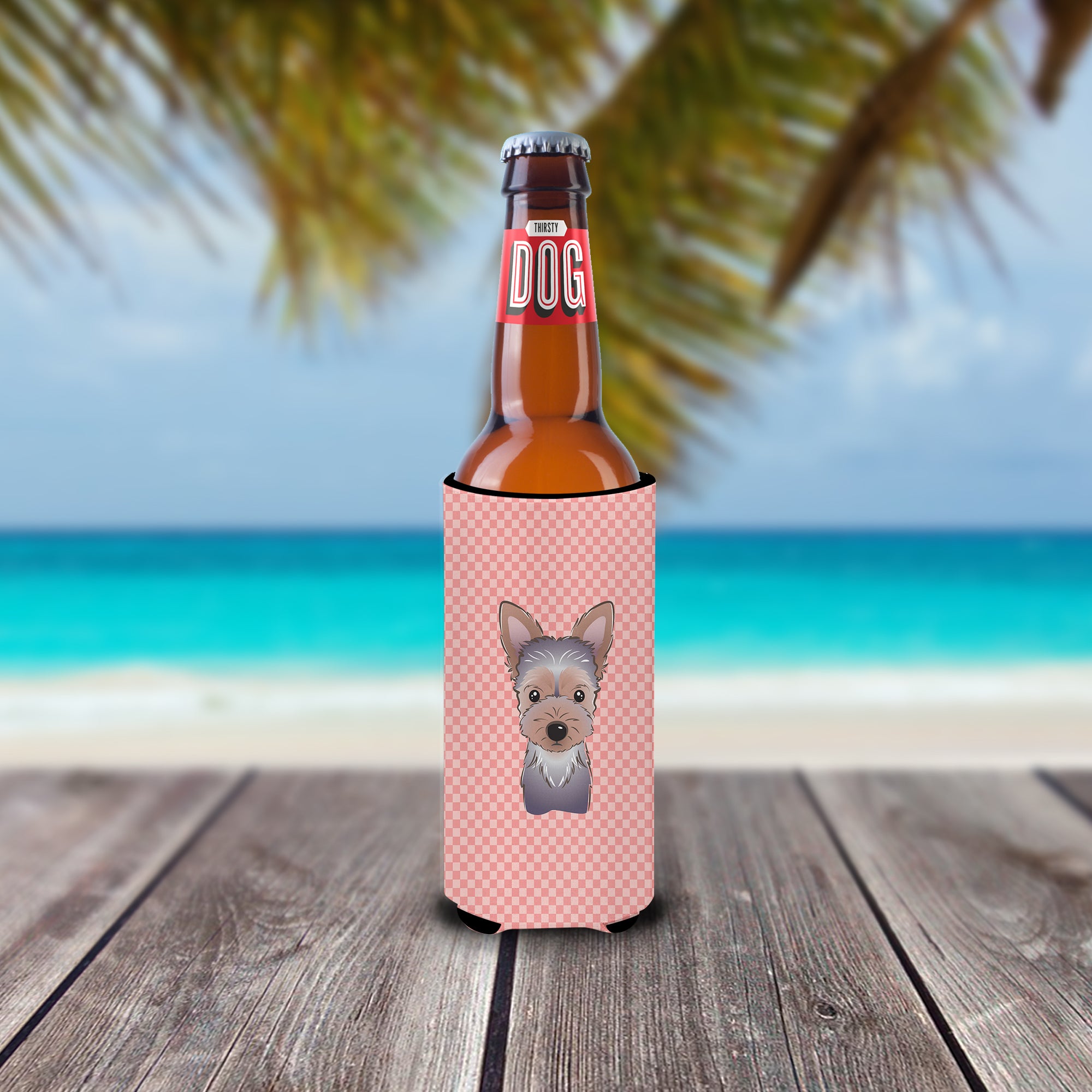 Checkerboard Pink Yorkie Puppy Ultra Beverage Insulators for slim cans BB1232MUK.