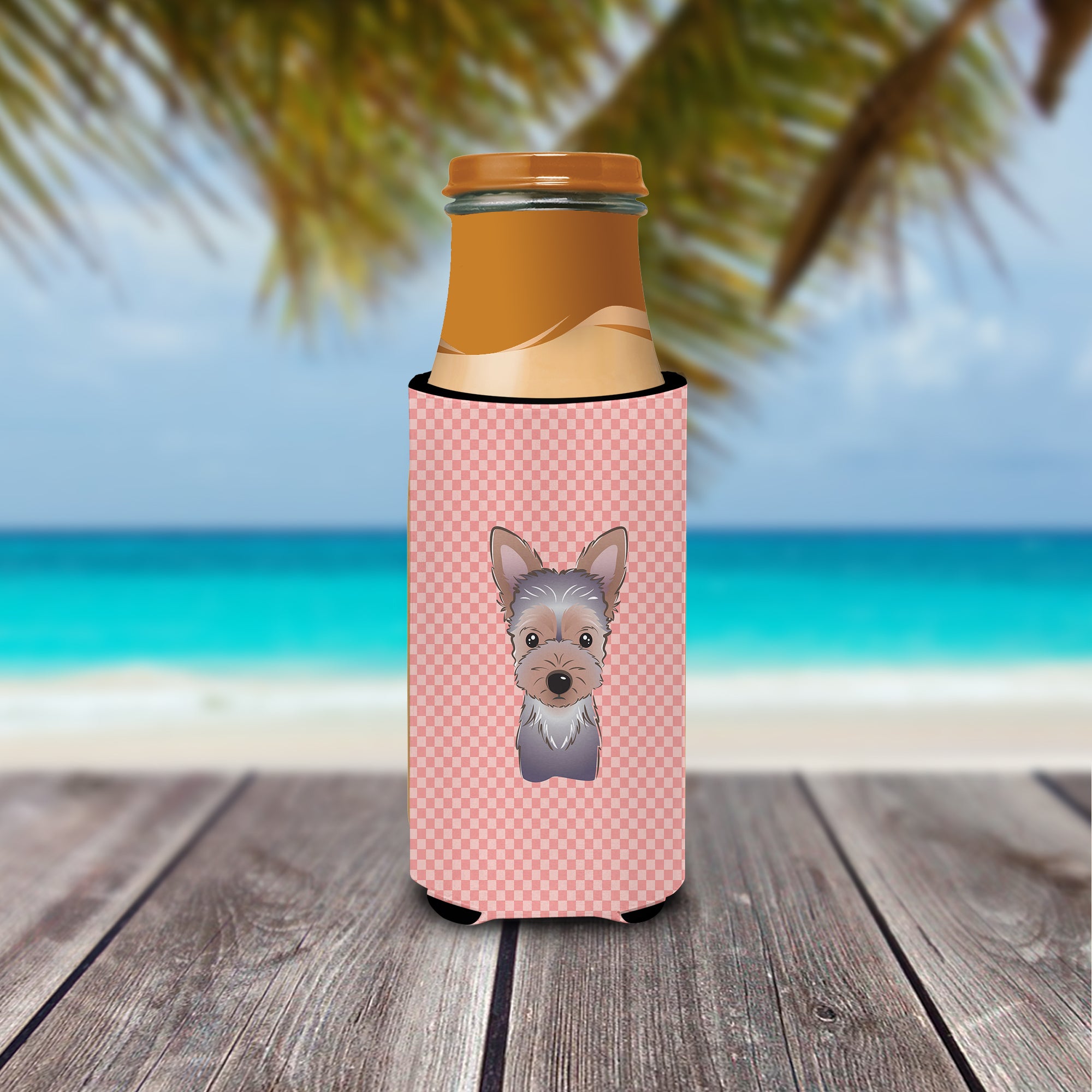Checkerboard Pink Yorkie Puppy Ultra Beverage Insulators for slim cans BB1232MUK.
