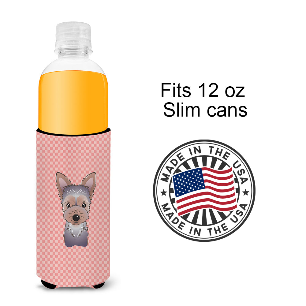 Checkerboard Pink Yorkie Puppy Ultra Beverage Insulators for slim cans BB1232MUK