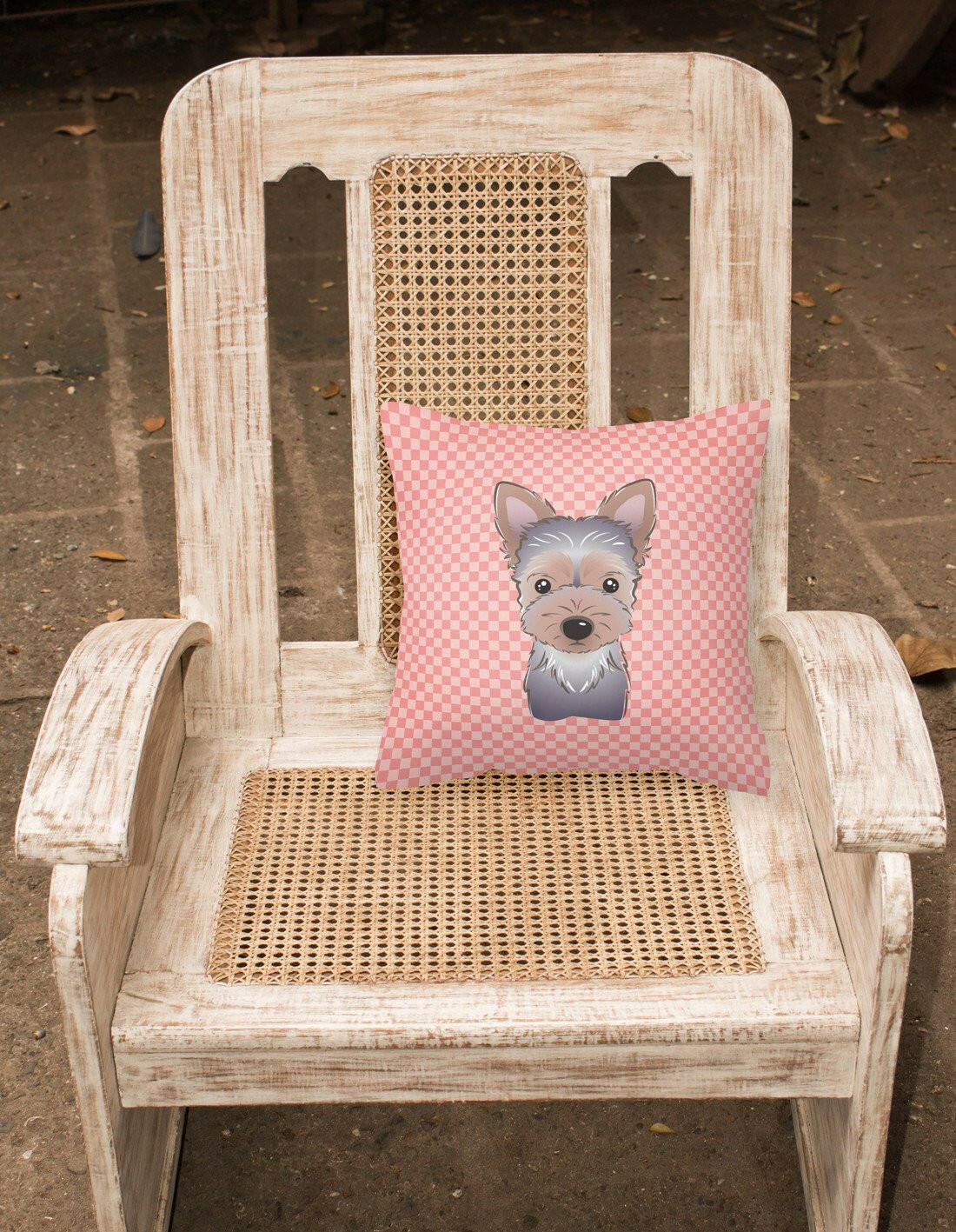 Checkerboard Pink Yorkie Puppy Canvas Fabric Decorative Pillow BB1232PW1414 - the-store.com