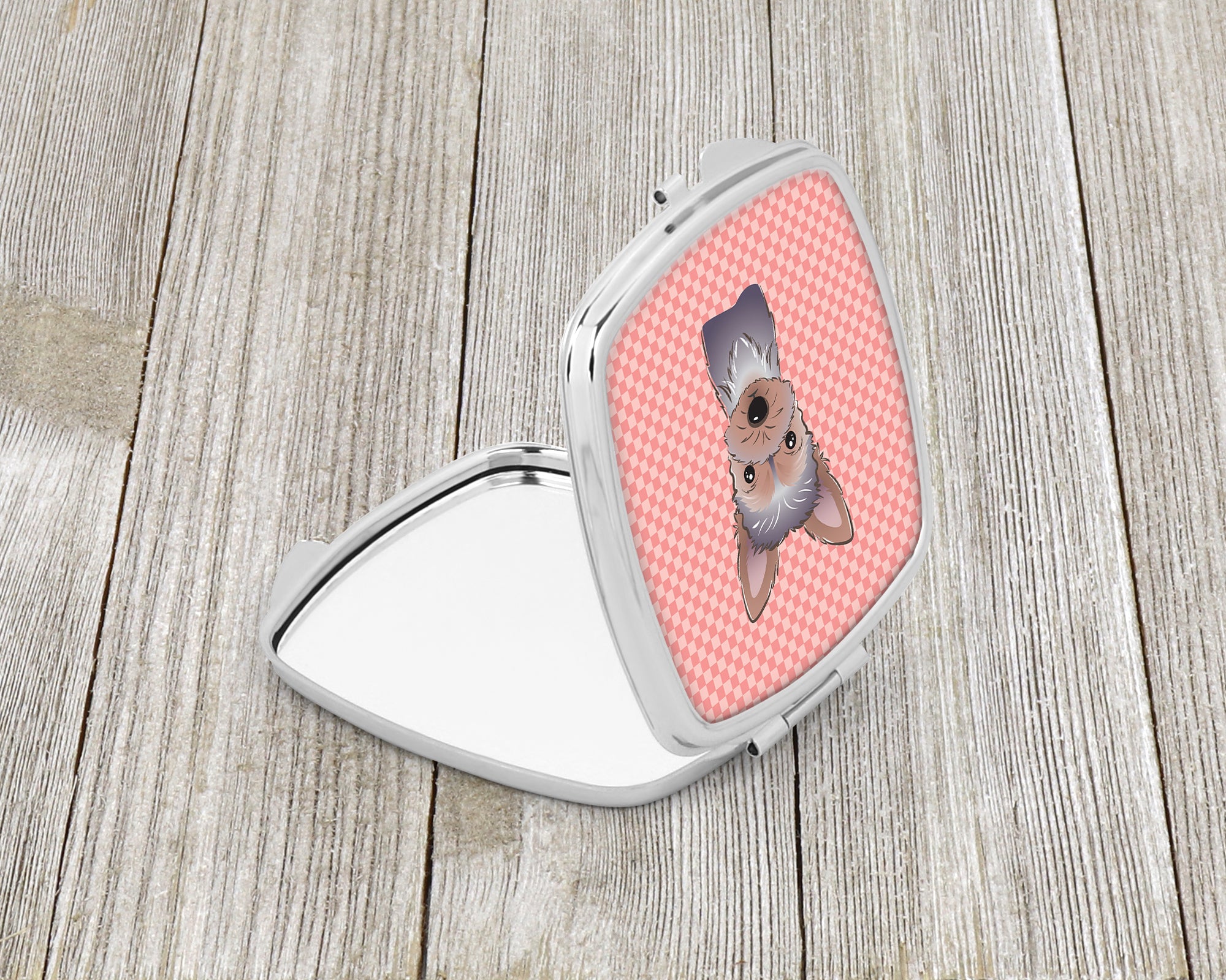 Checkerboard Pink Yorkie Puppy Compact Mirror BB1232SCM  the-store.com.