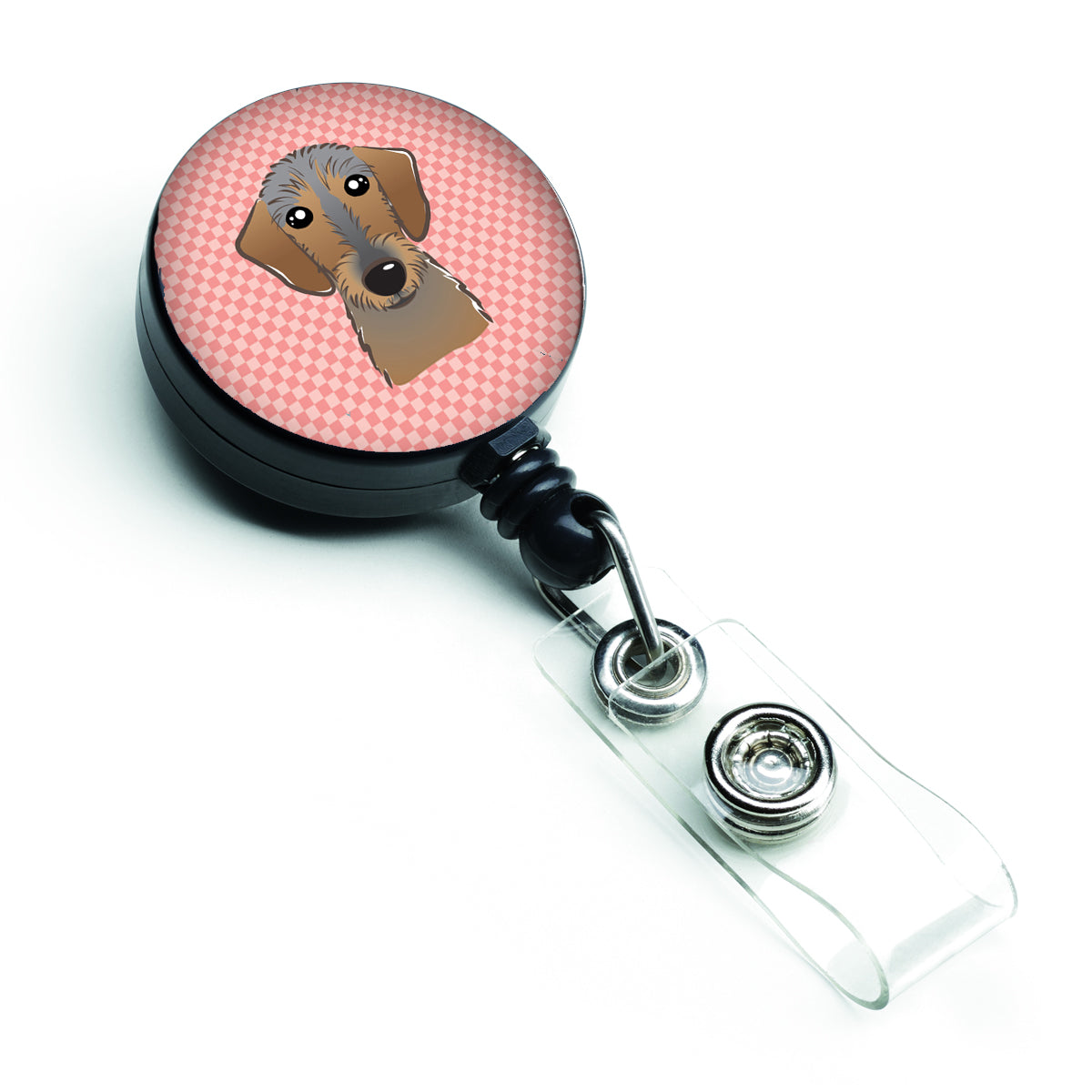 Checkerboard Pink Wirehaired Dachshund Retractable Badge Reel BB1233BR.