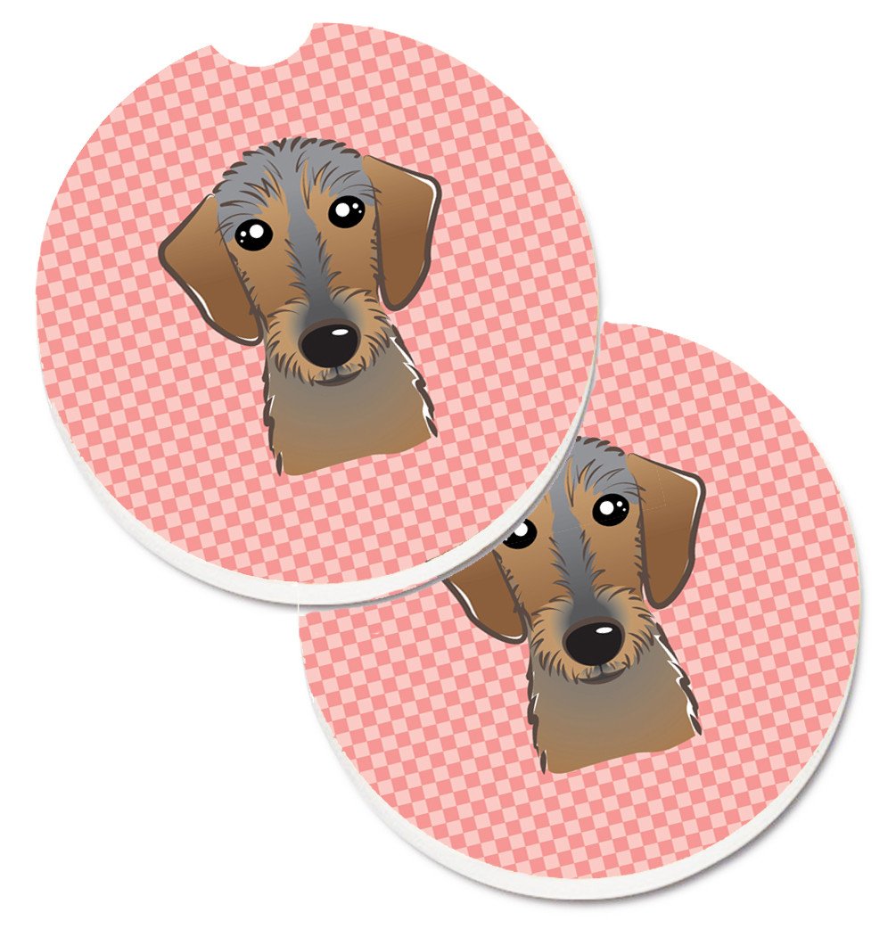 Checkerboard Pink Wirehaired Dachshund Set of 2 Cup Holder Car Coasters BB1233CARC by Caroline's Treasures