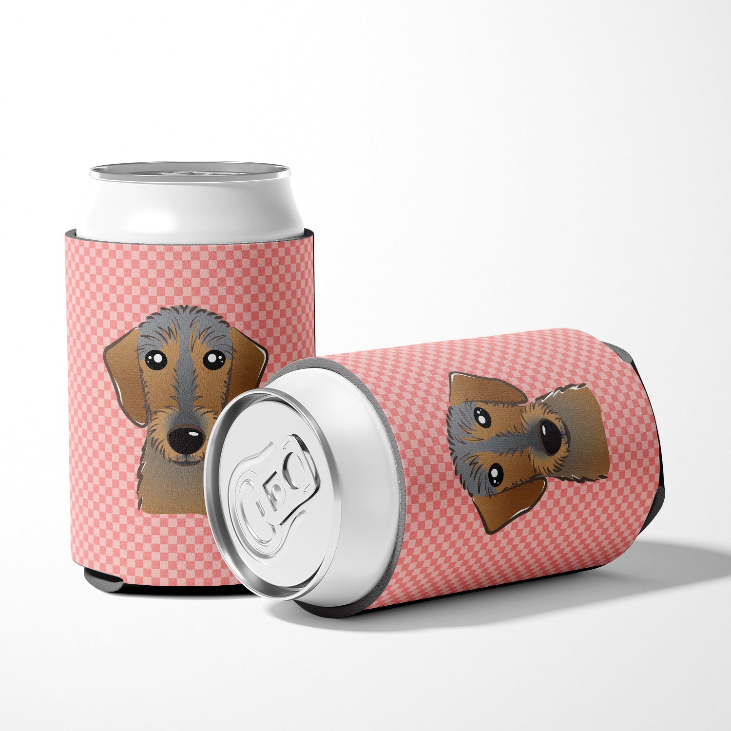 Checkerboard Pink Wirehaired Dachshund Can or Bottle Hugger BB1233CC.
