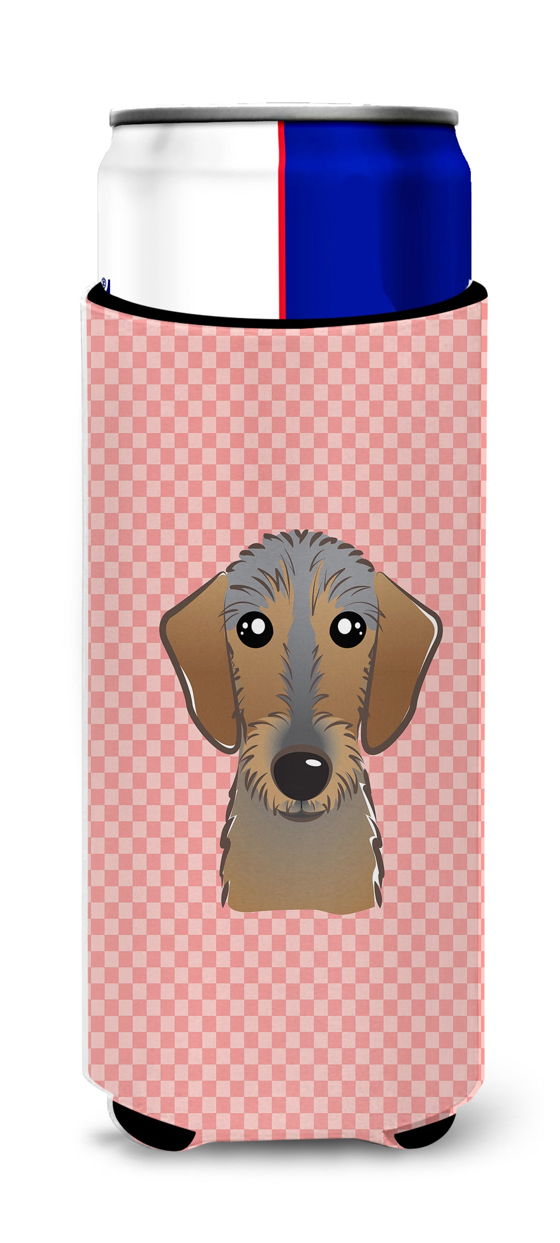 Checkerboard Pink Wirehaired Dachshund Ultra Beverage Insulators for slim cans.