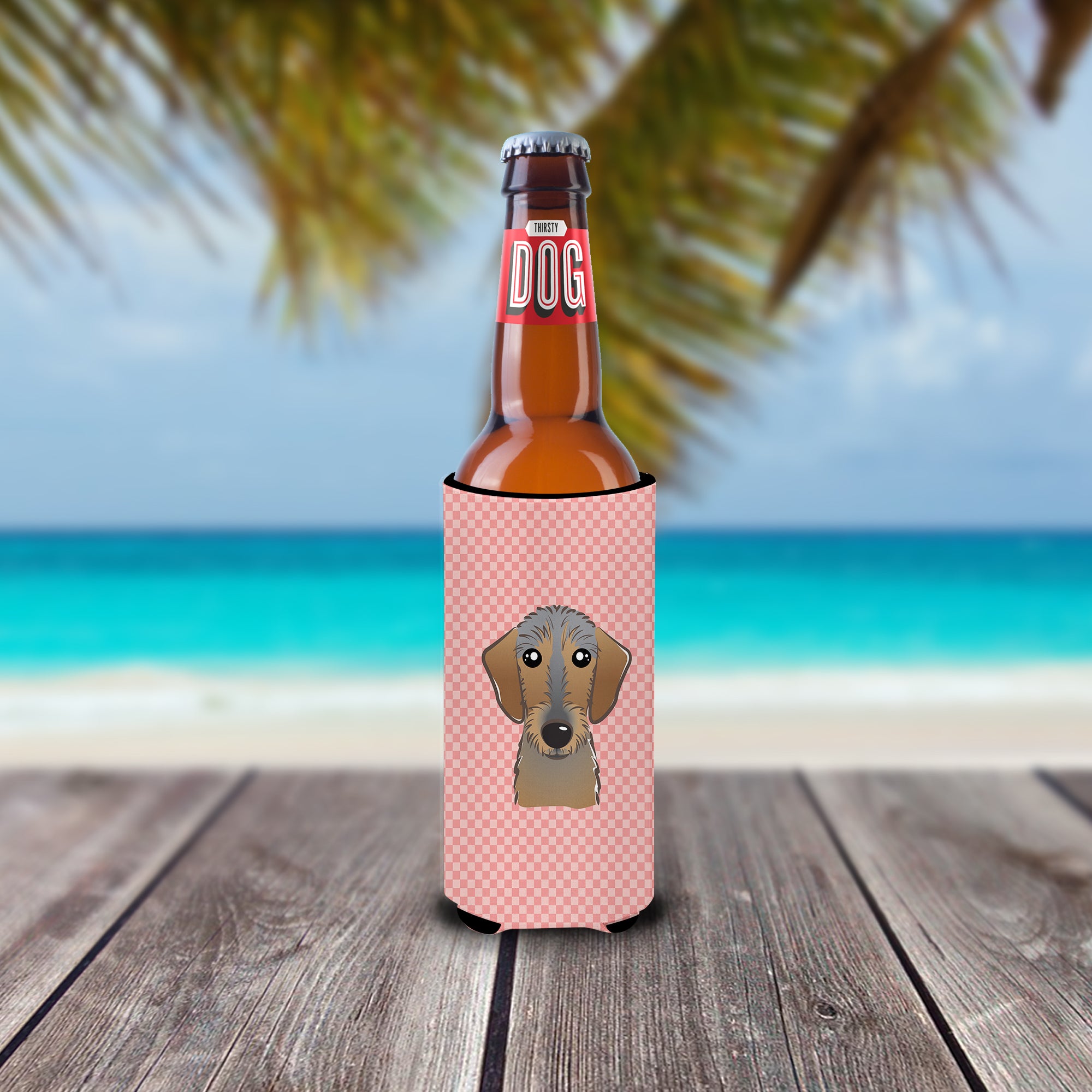 Checkerboard Pink Wirehaired Dachshund Ultra Beverage Insulators for slim cans.