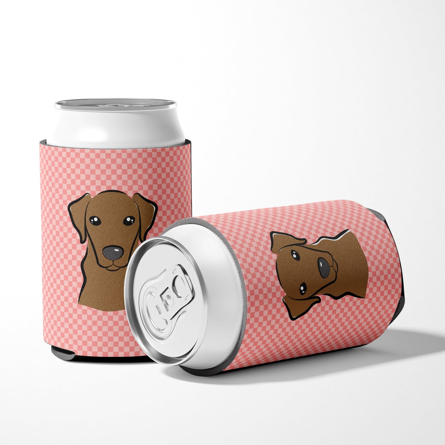 Checkerboard Pink Chocolate Labrador Can or Bottle Hugger BB1234CC.