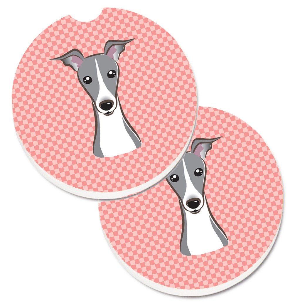 Checkerboard Pink Italian Greyhound Set of 2 Cup Holder Car Coasters BB1236CARC by Caroline&#39;s Treasures