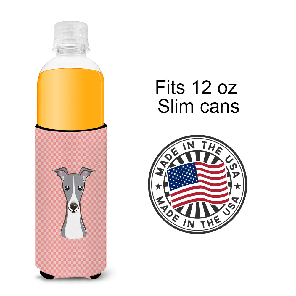 Checkerboard Pink Italian Greyhound Ultra Beverage Insulators for slim cans.