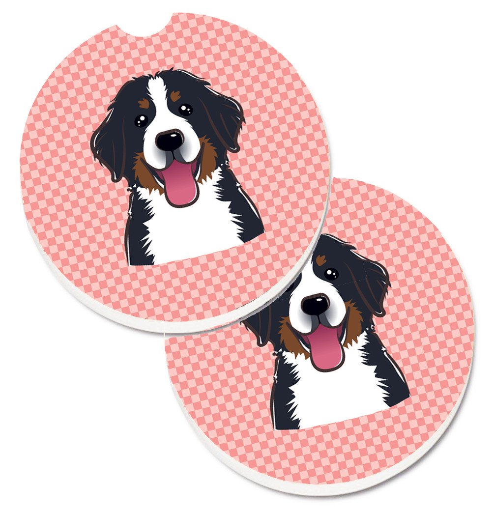 Checkerboard Pink Bernese Mountain Dog Set of 2 Cup Holder Car Coasters BB1237CARC by Caroline&#39;s Treasures