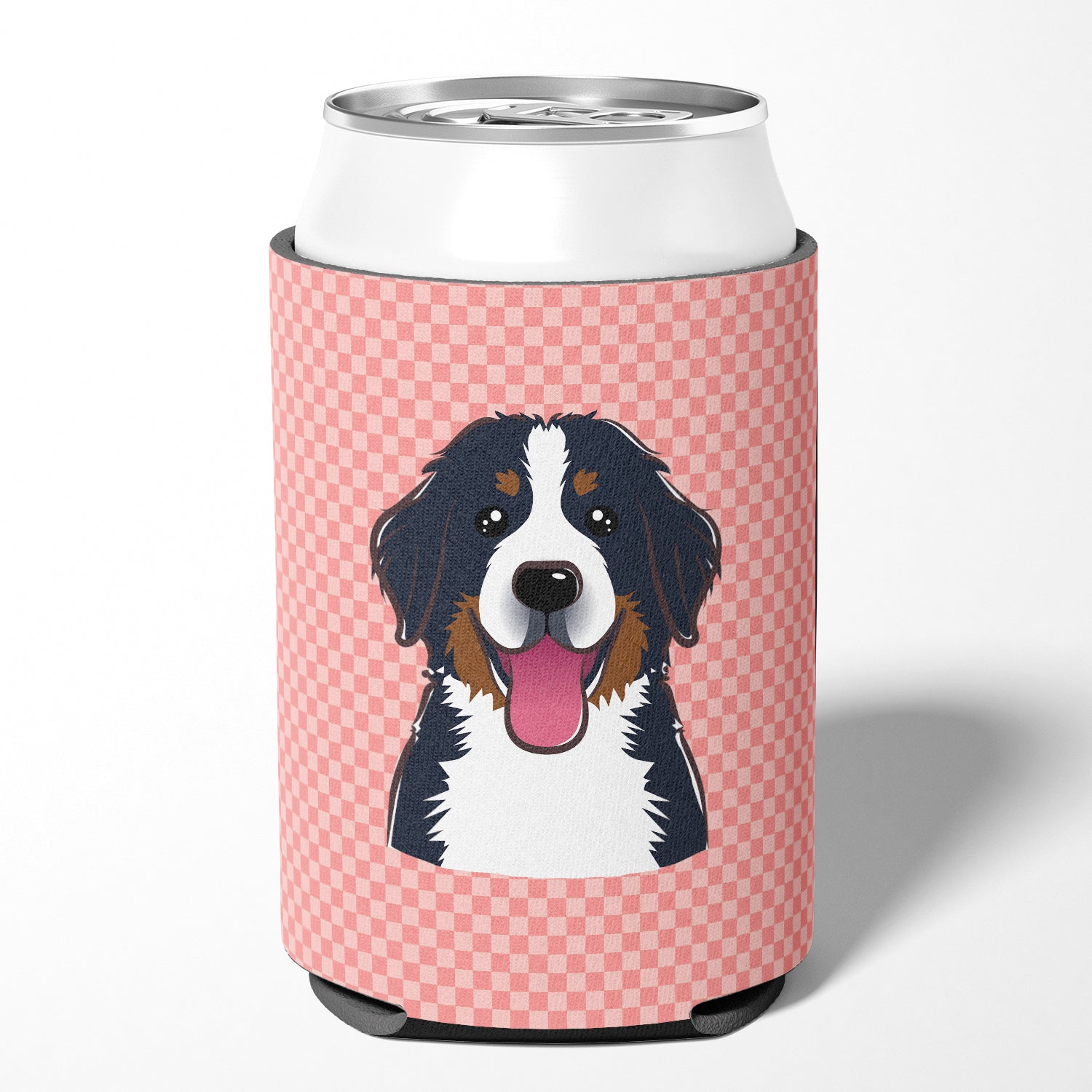 Checkerboard Pink Bernese Mountain Dog Can or Bottle Hugger BB1237CC